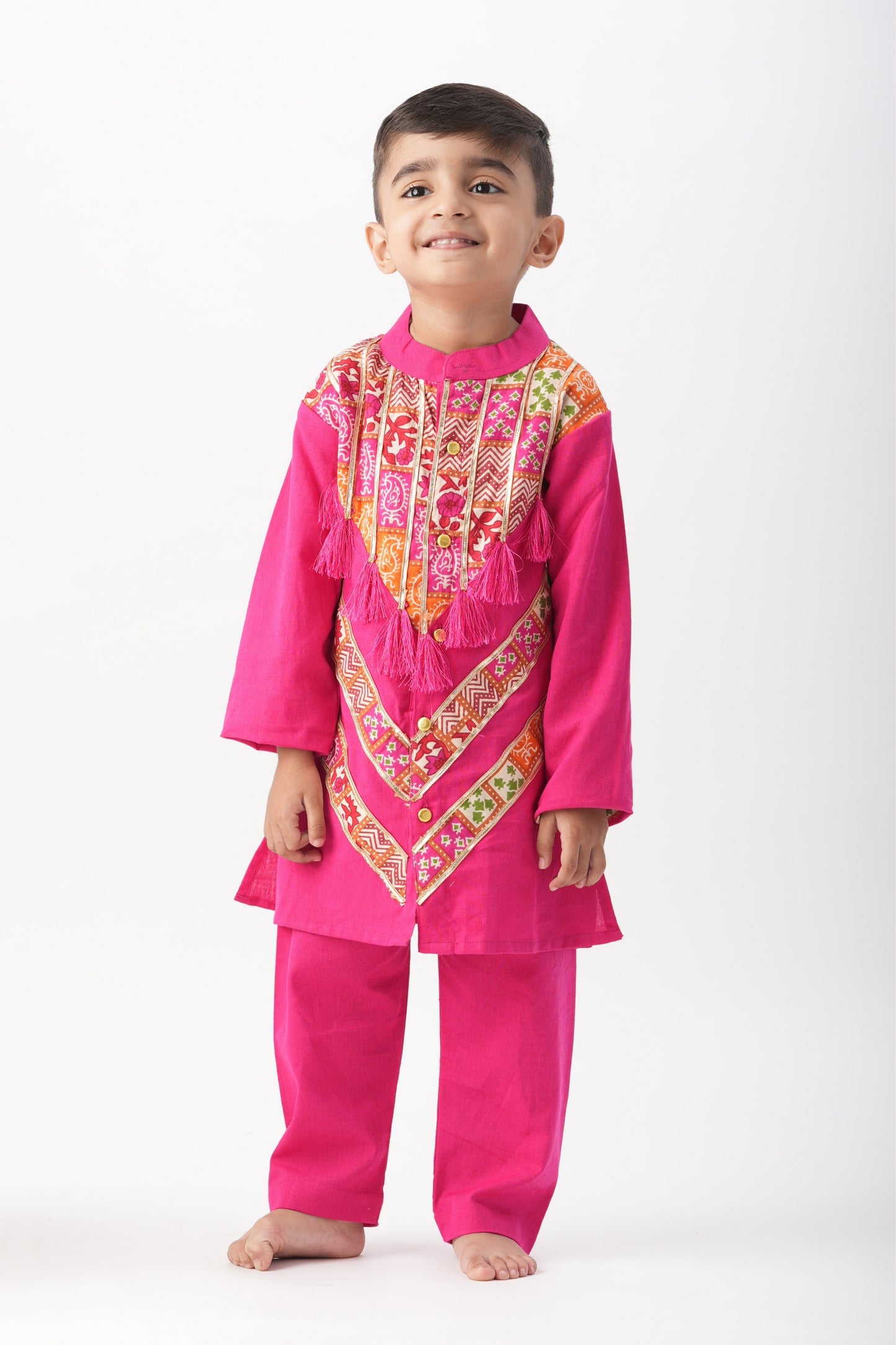 Boys Banjara Color block Kurta and pants set - Pink