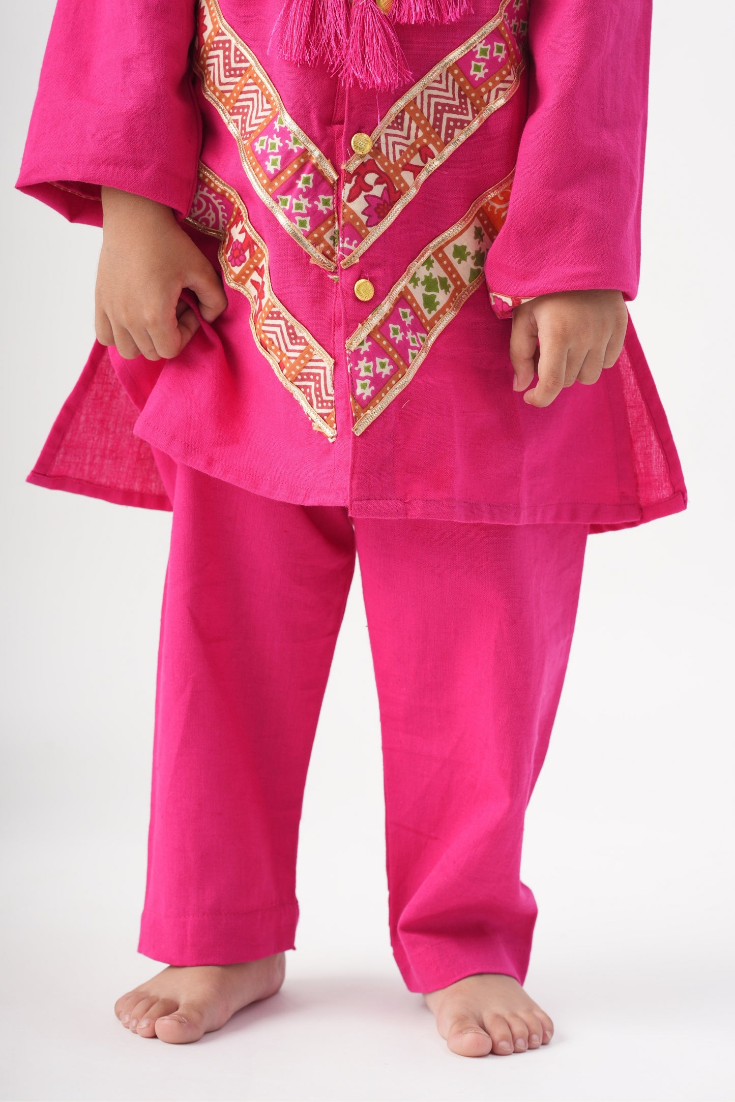 Boys Banjara Color block Kurta and pants set - Pink