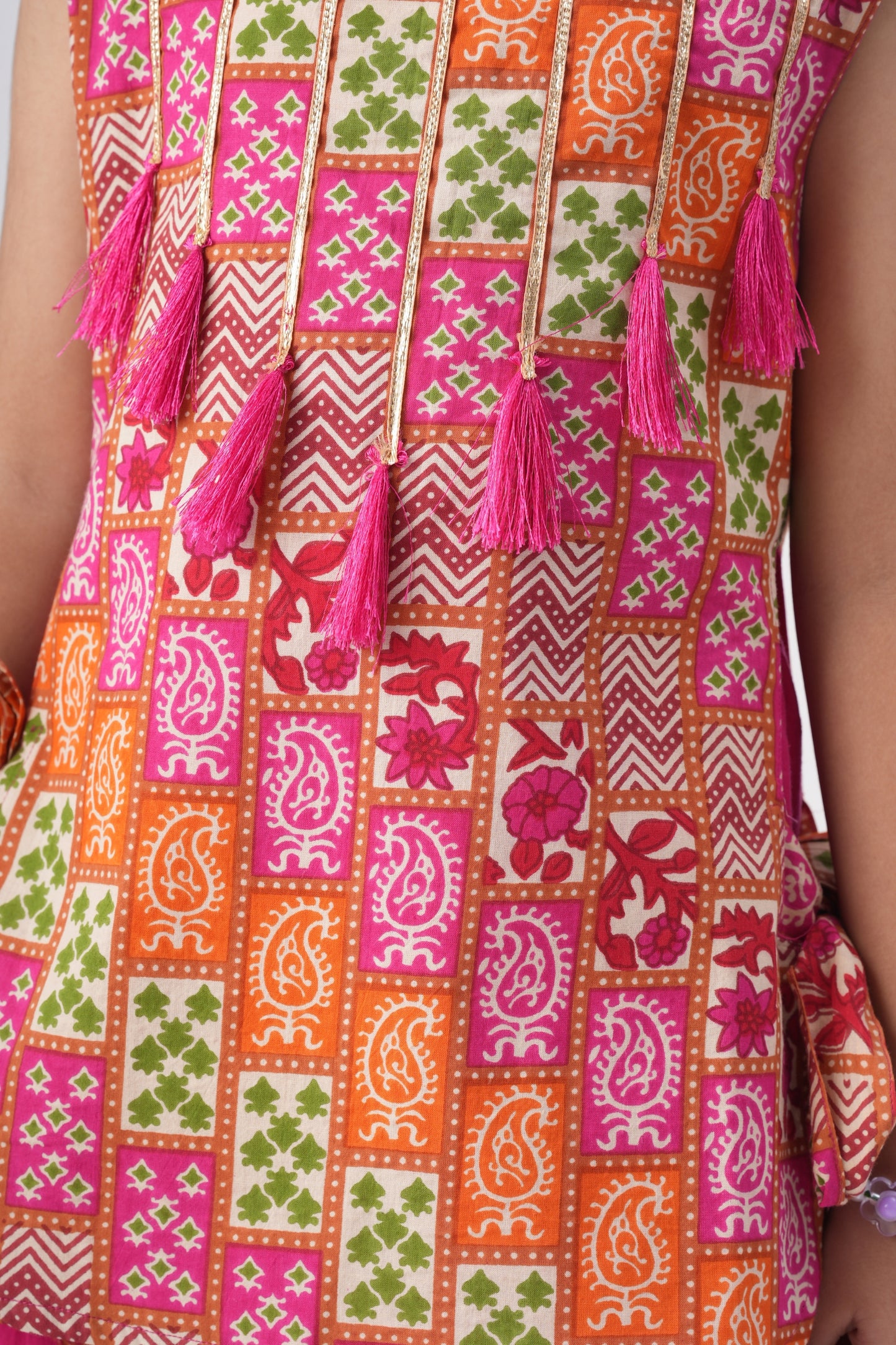 Girls Banjara Color Block Top with wide flare Drape Pants - Pink