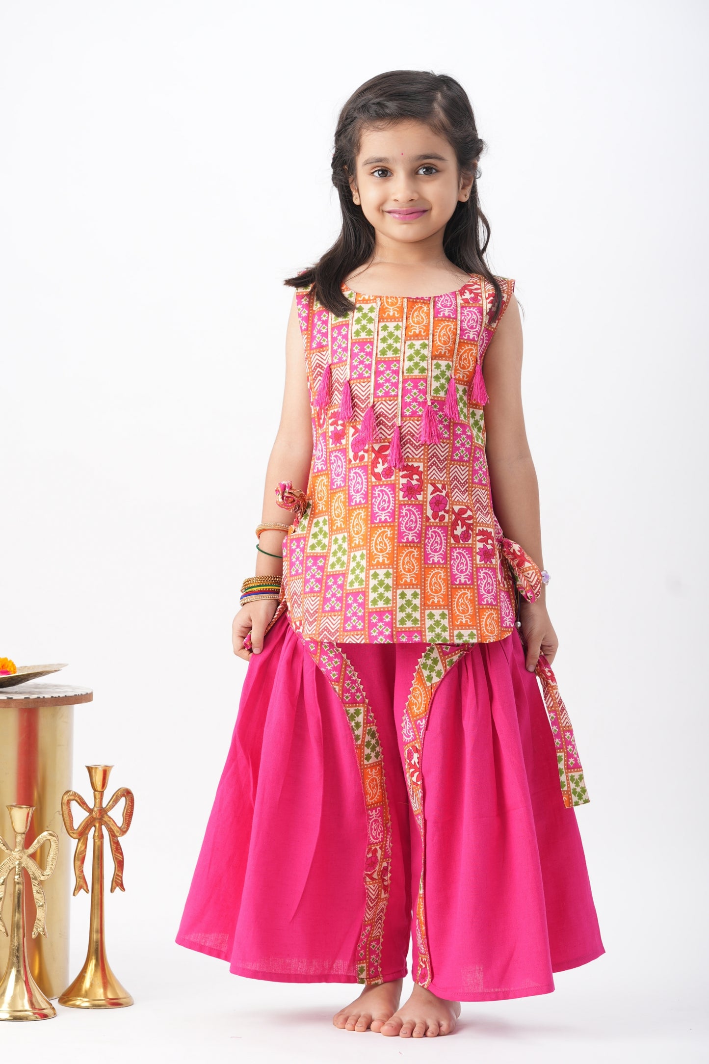 Girls Banjara Color Block Top with wide flare Drape Pants - Pink