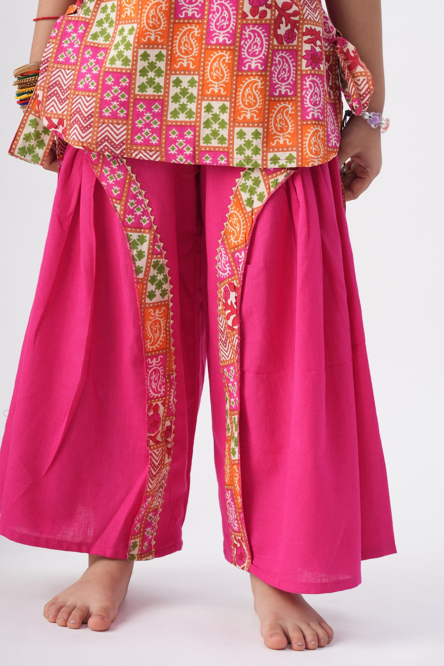 Girls Banjara Color Block Top with wide flare Drape Pants - Pink