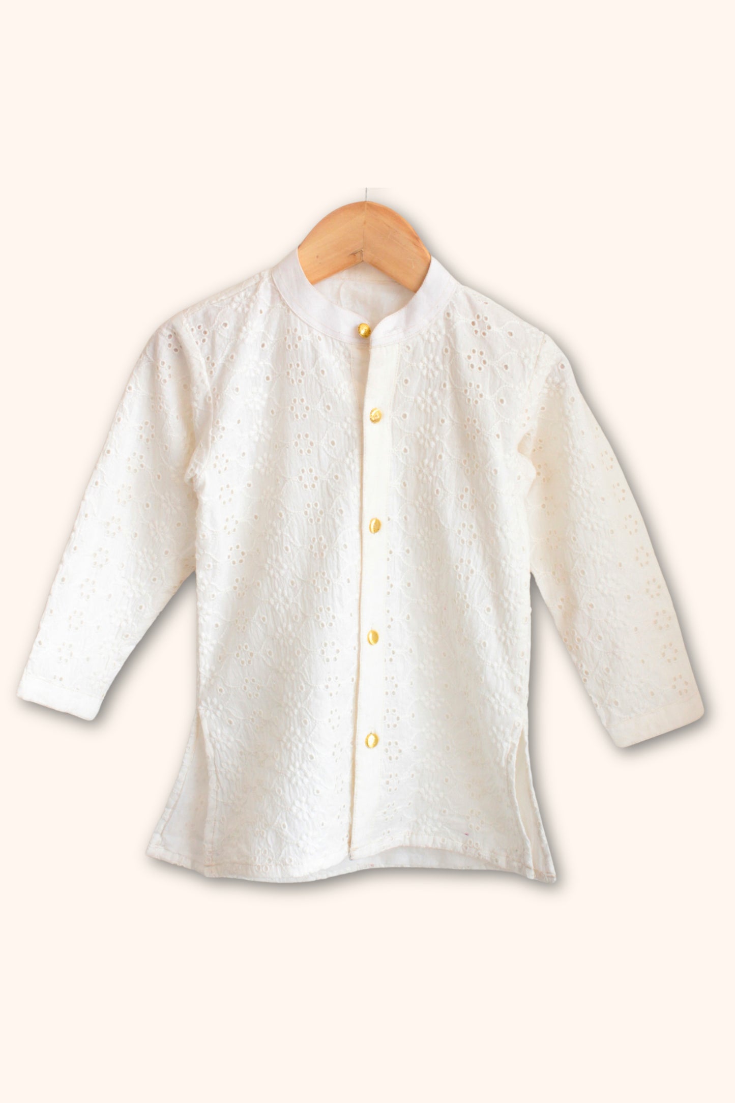 Boys Mubarak Schiffli embroidered Kurta with Salwaar set - Ivory White