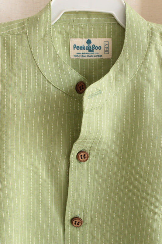 Boys Pure Cotton Shirt - Green Kantha
