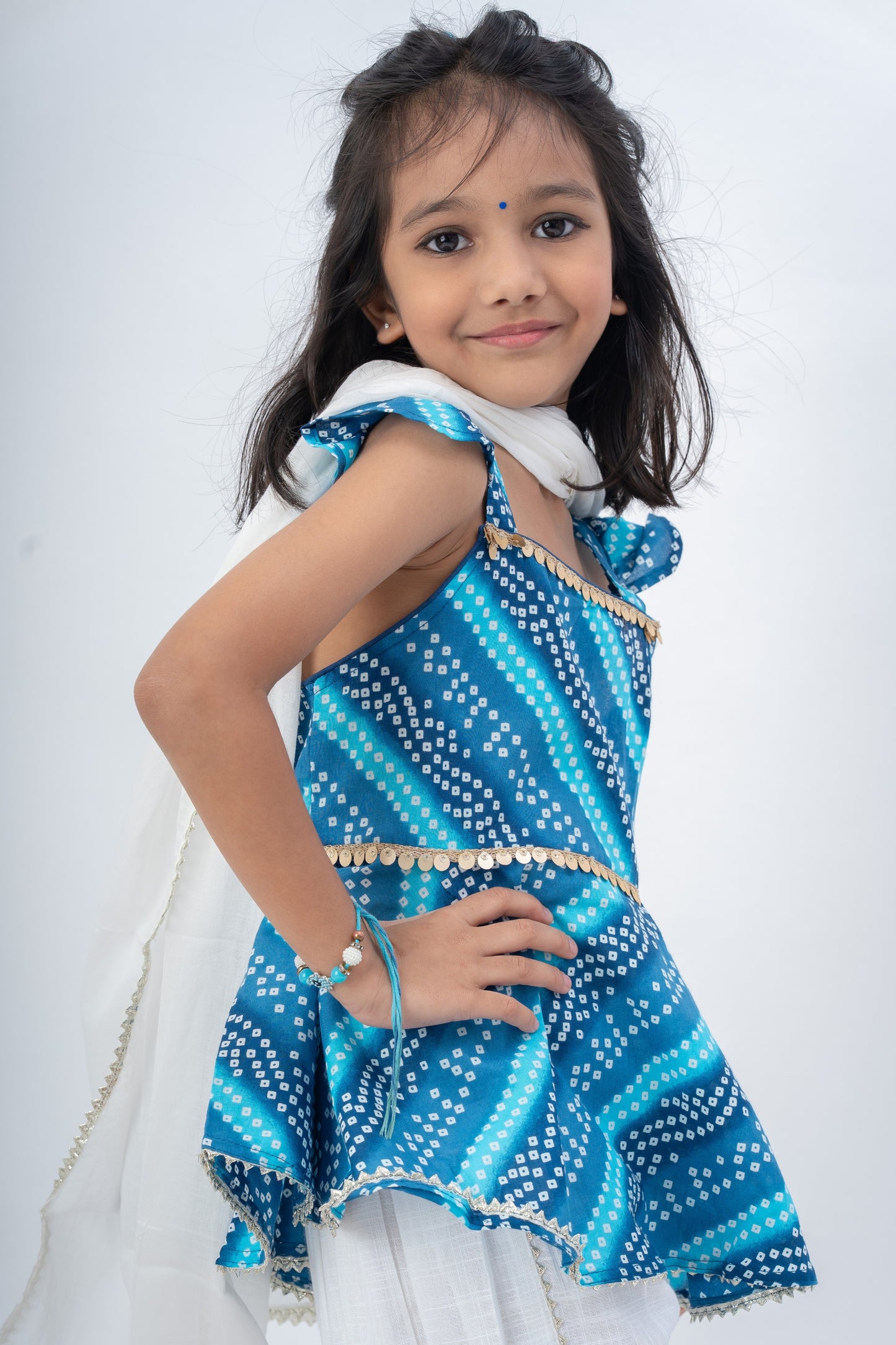 Girls Saavan 2.0 Pure Cotton Kurti Salwar & Dupatta Ethnic Clothing set - Blue Bandhej