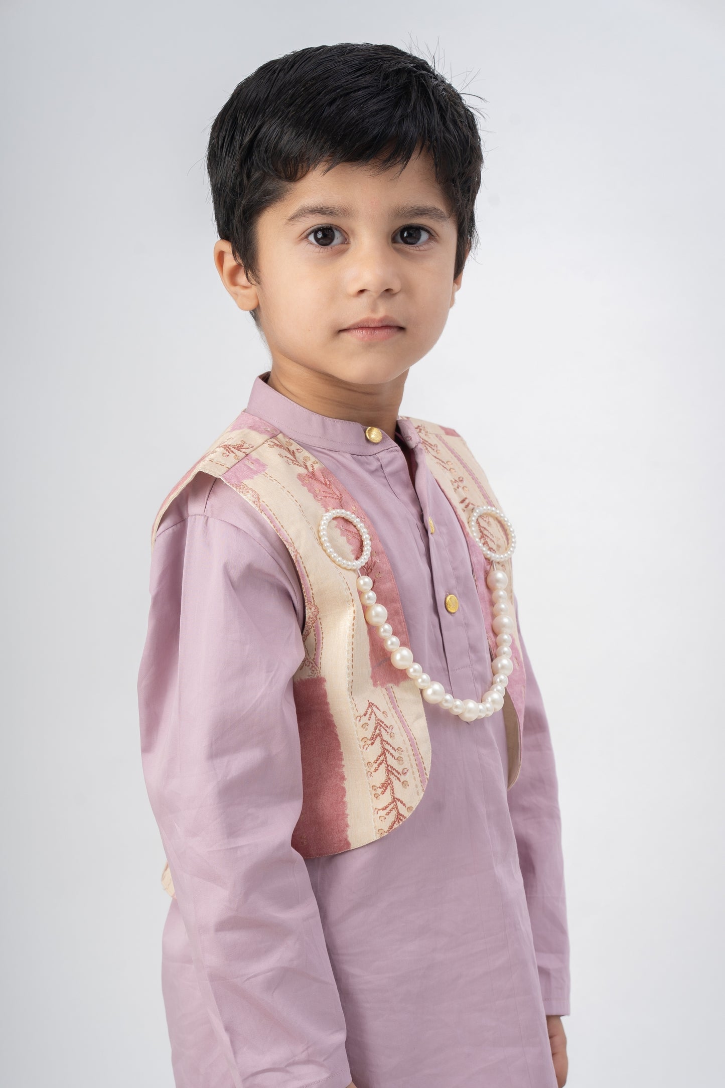 Boys Rajwada Kurta Pant ethnic clothing set with open Jacket - Lilac