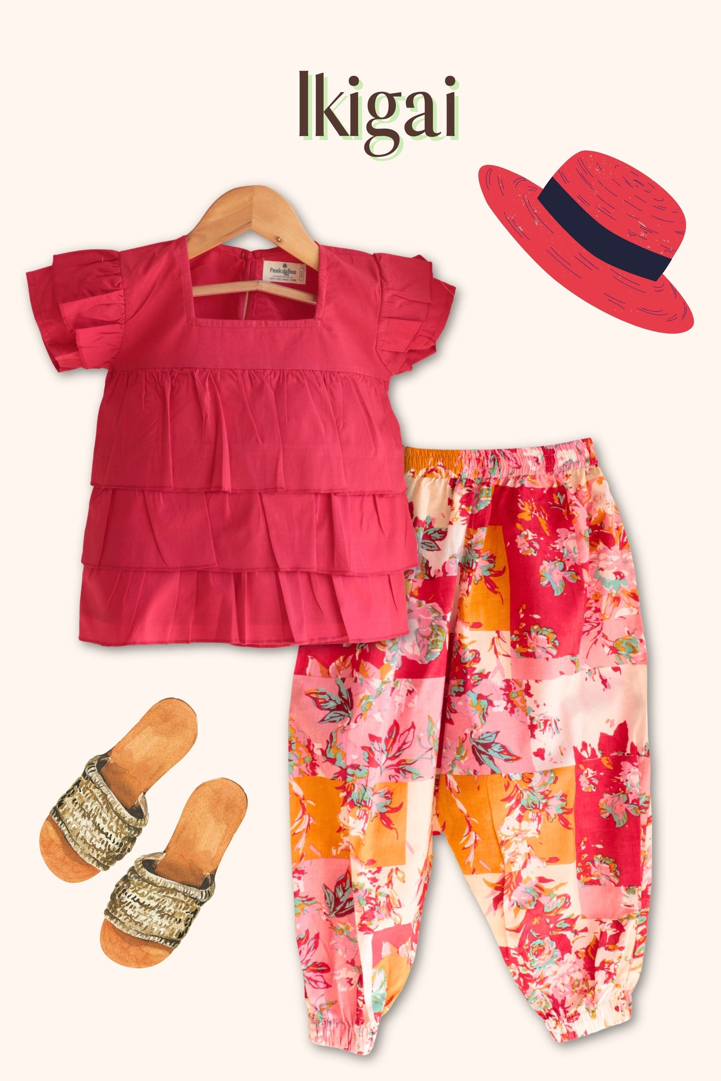 Girls Ikigai Pure Cotton Clothing Set - Red / Black