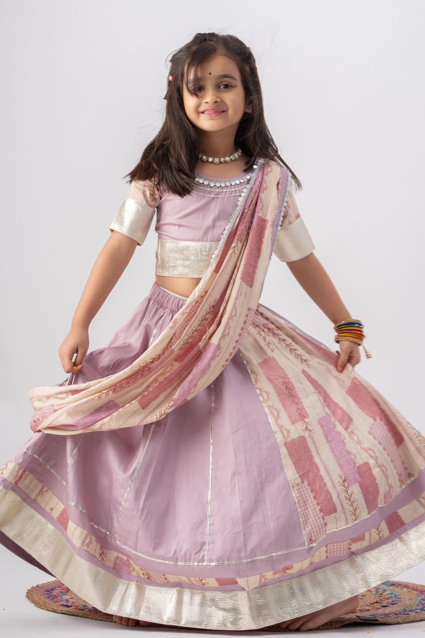 Girls Ghoomar Pure Cotton Chaniya Choli Ethnic Clothing set - Lilac