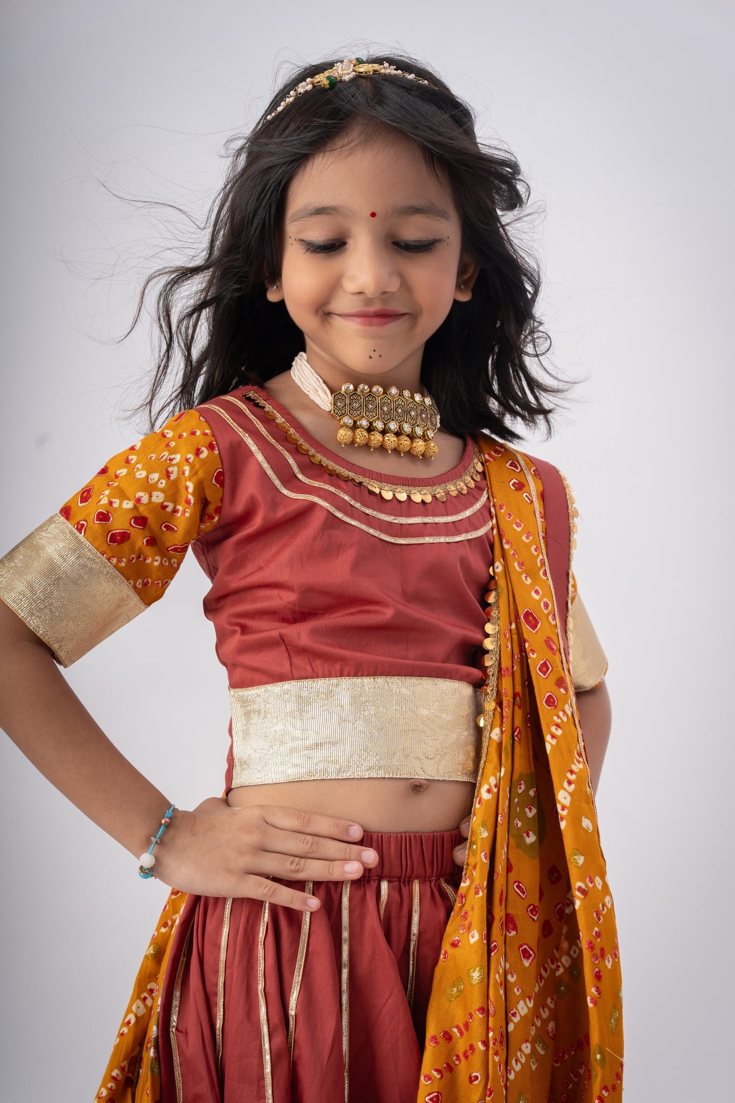 Girls Ghoomar Pure Cotton Chaniya Choli Ethnic Clothing set - Cinnamon Red