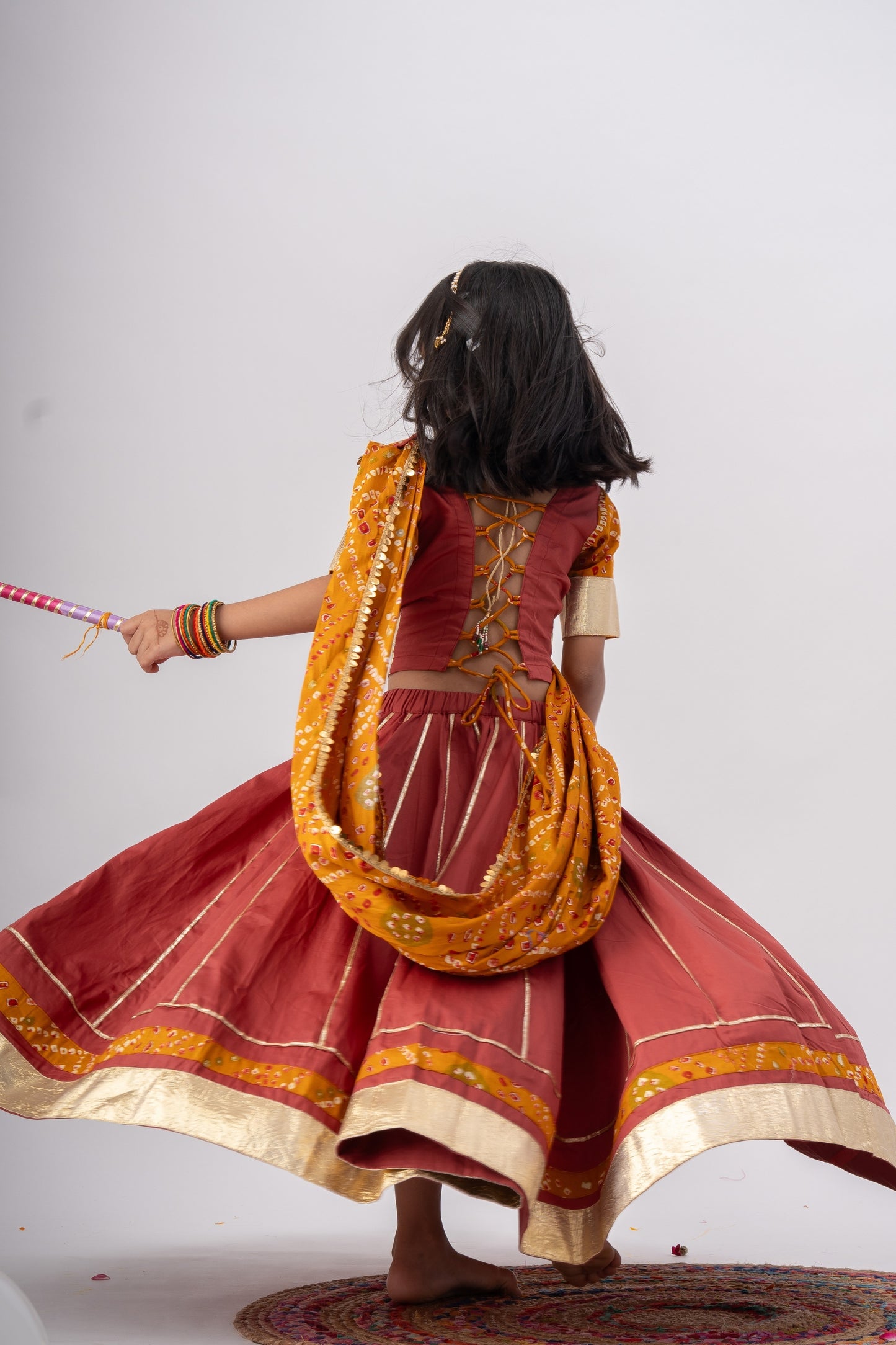Girls Ghoomar Pure Cotton Chaniya Choli Ethnic Clothing set - Cinnamon Red