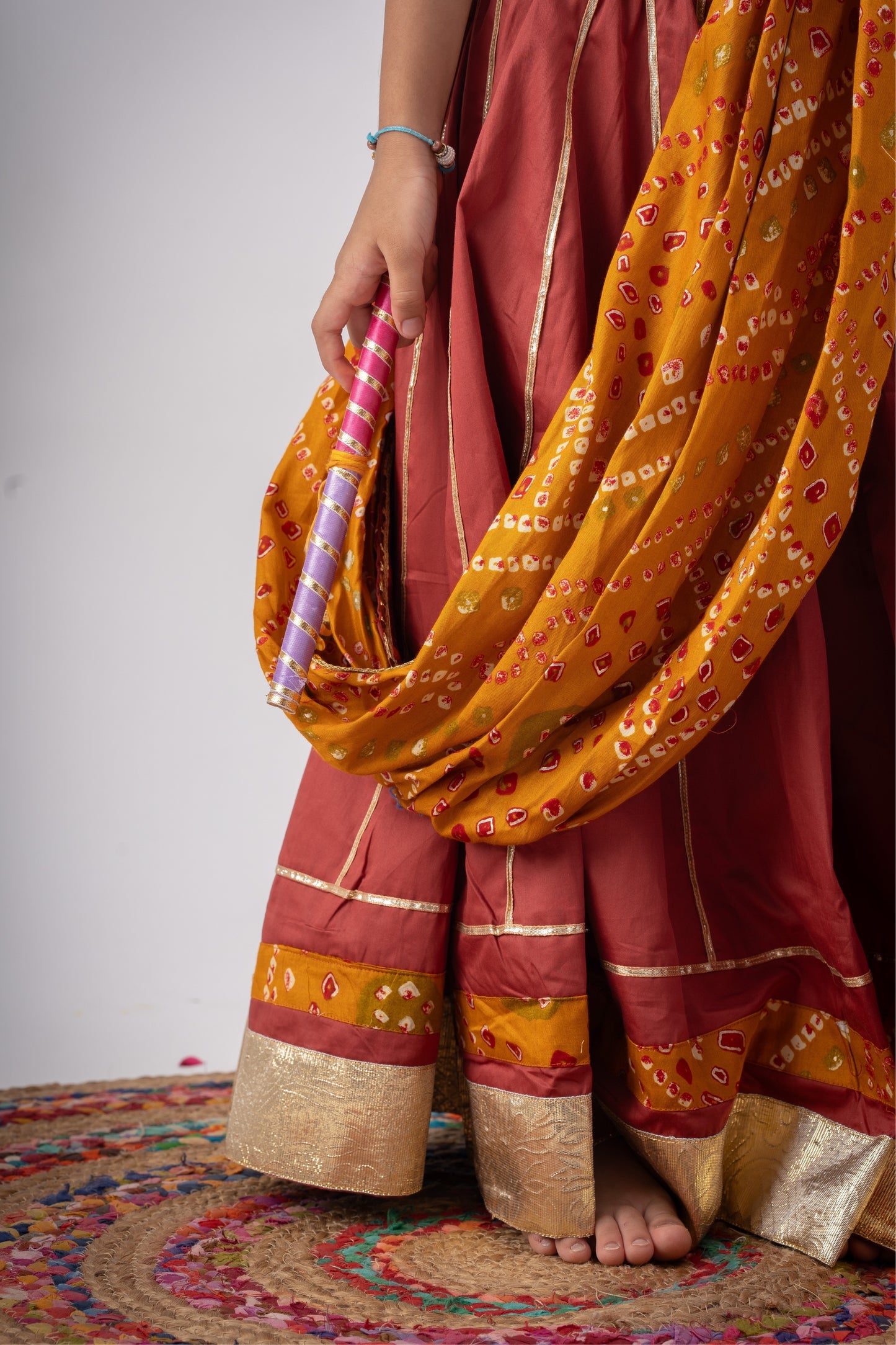 Girls Ghoomar Pure Cotton Chaniya Choli Ethnic Clothing set - Cinnamon Red