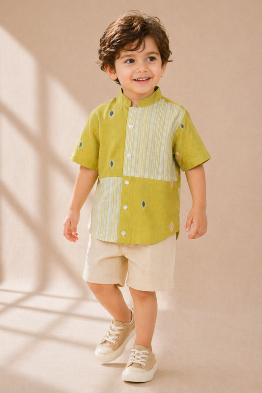 Boys Pure Handloom Cotton shirt with beige shorts - Lime Green