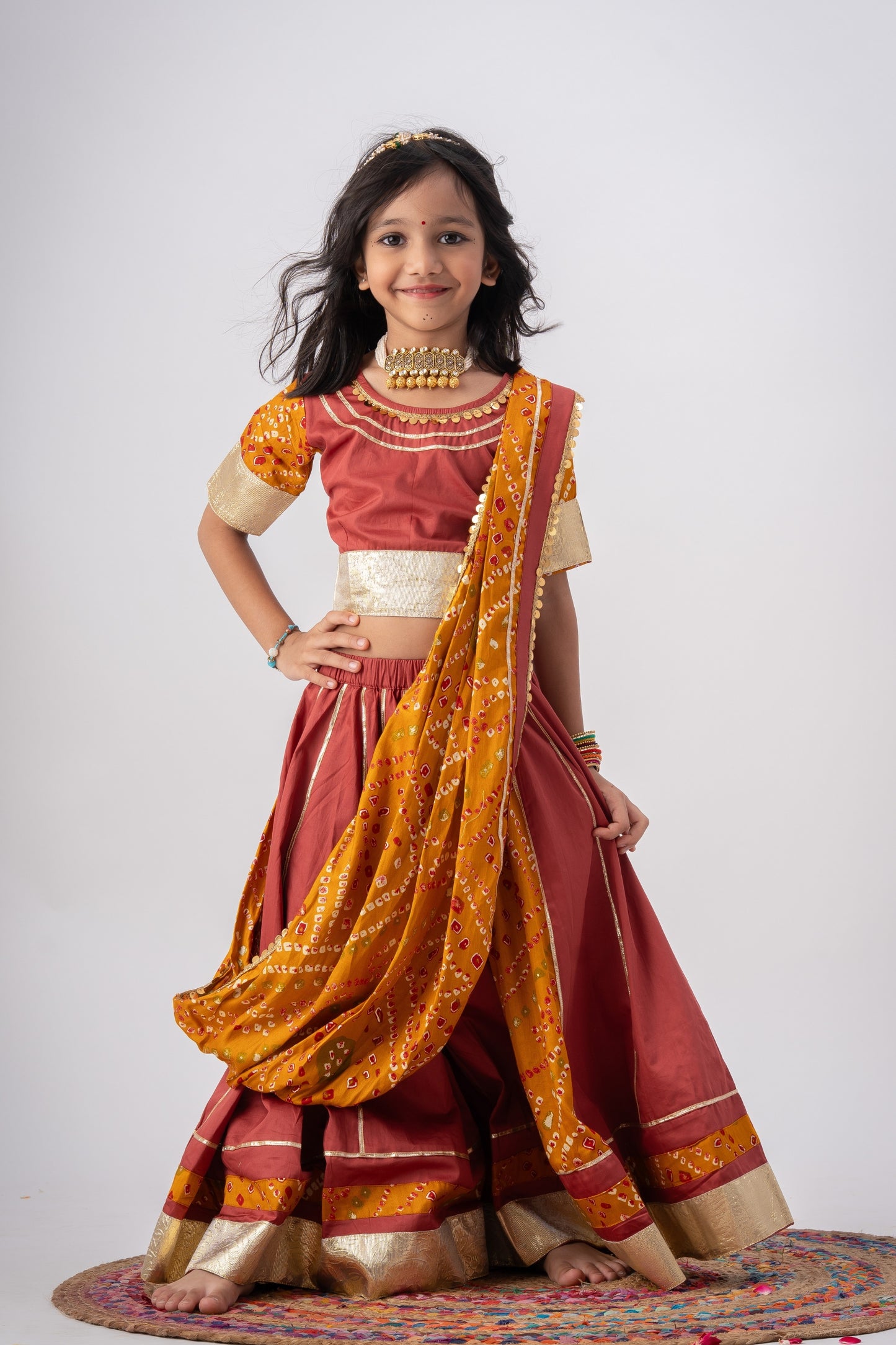 Girls Ghoomar Pure Cotton Chaniya Choli Ethnic Clothing set - Cinnamon Red