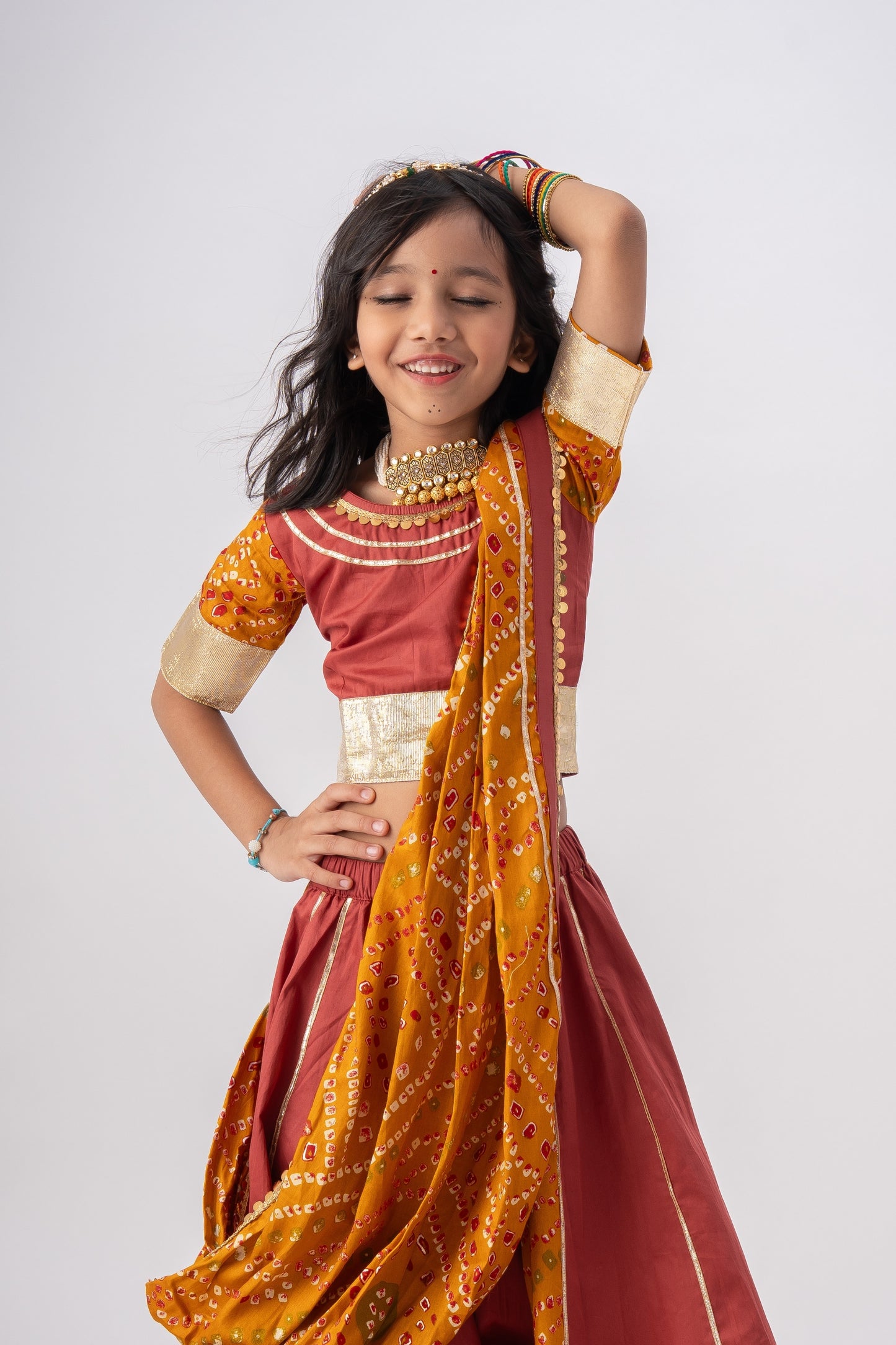 Girls Ghoomar Pure Cotton Chaniya Choli Ethnic Clothing set - Cinnamon Red