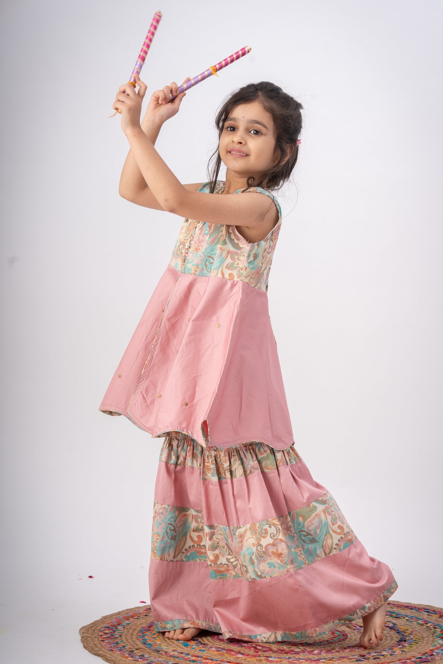 Girls Navrang Pure Cotton Color Block Sharara Set - Peach