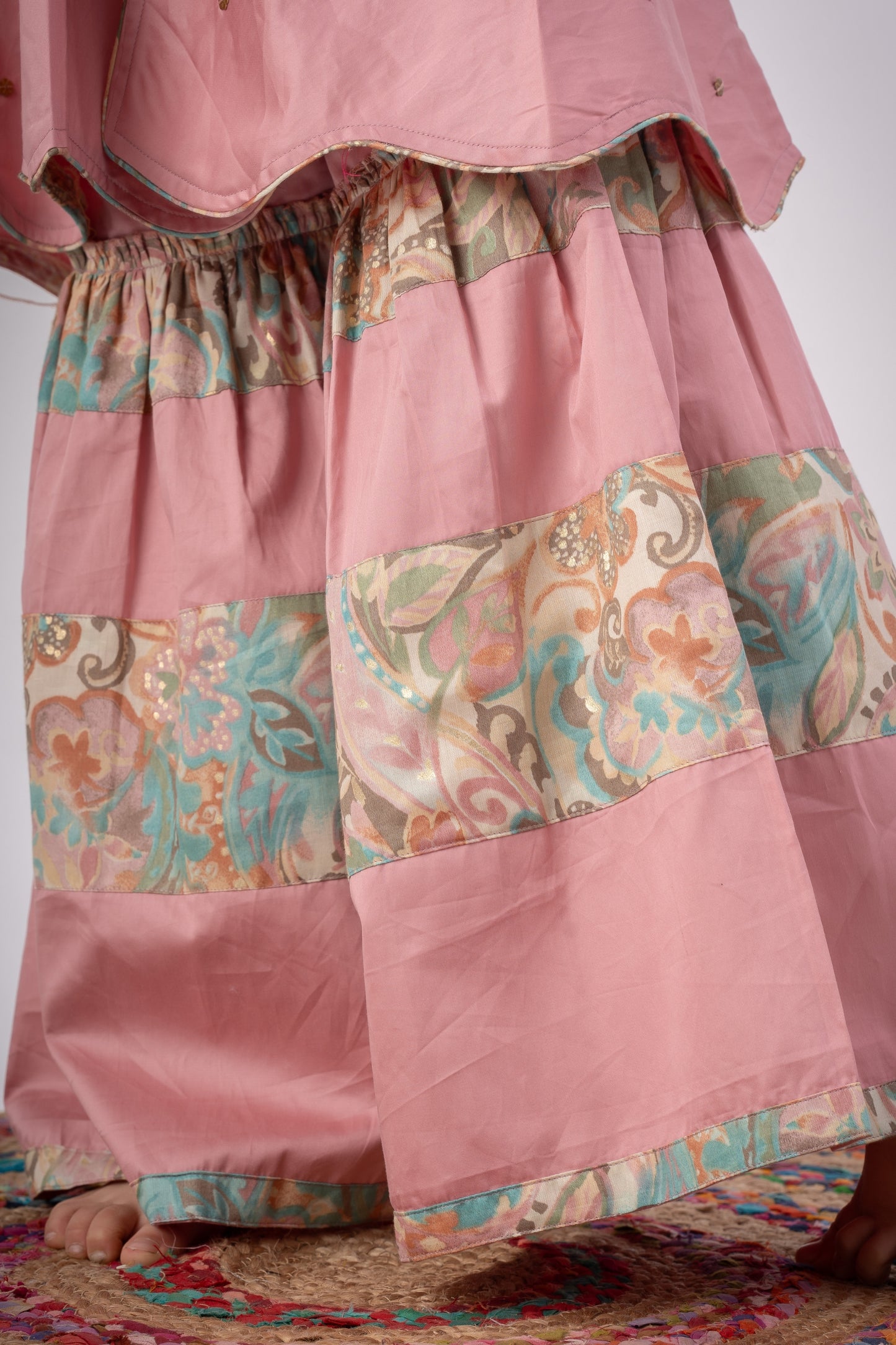 Girls Navrang Pure Cotton Color Block Sharara Set - Peach