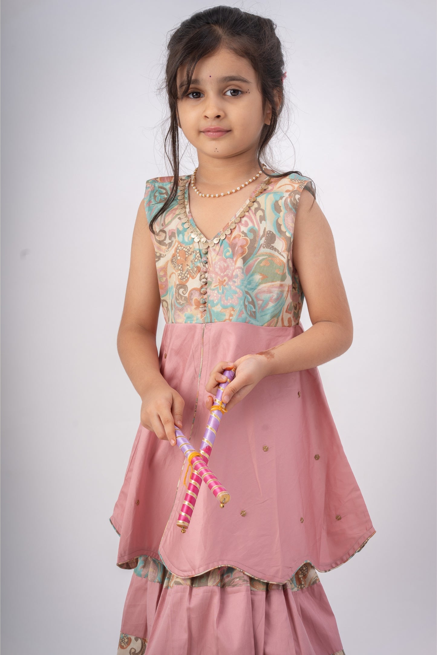 Girls Navrang Pure Cotton Color Block Sharara Set - Peach