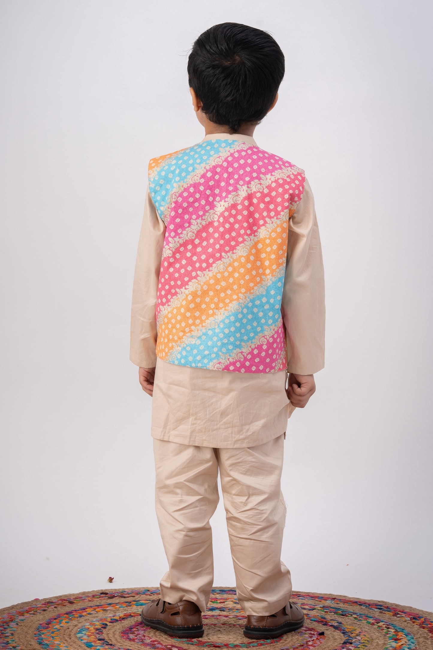Boys Navrang Kurta Pant & Jacket 3 piece ethnic clothing set - Ivory Bandhej