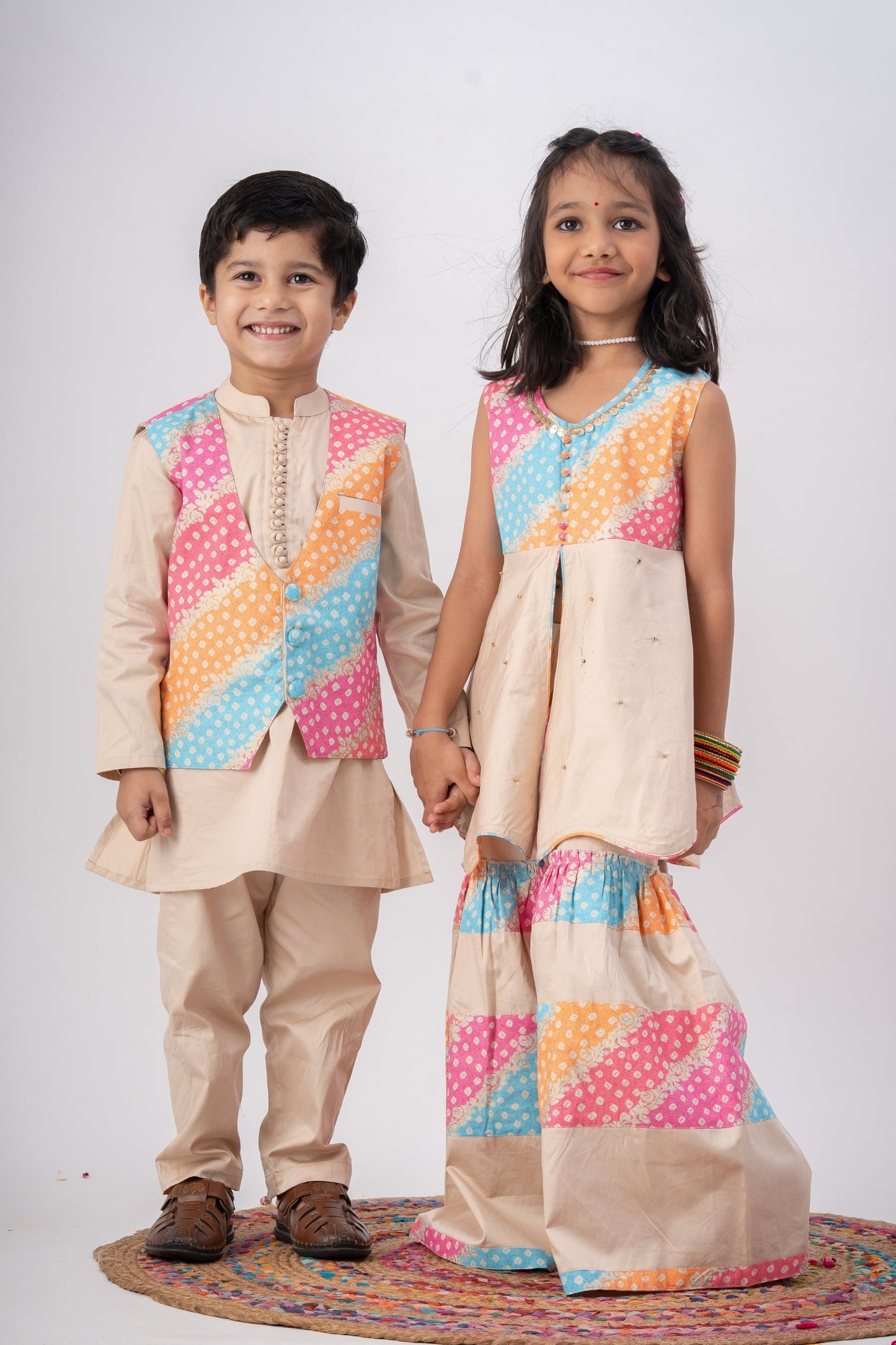 Boys Navrang Kurta Pant & Jacket 3 piece ethnic clothing set - Ivory Bandhej