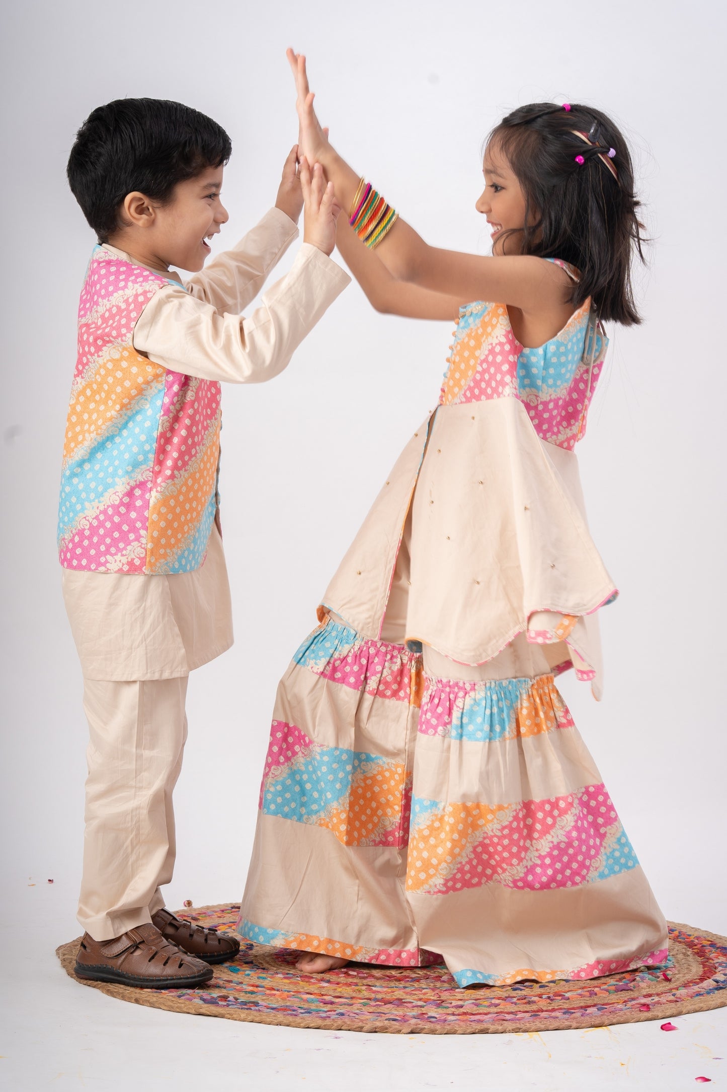 Boys Navrang Kurta Pant & Jacket 3 piece ethnic clothing set - Ivory Bandhej