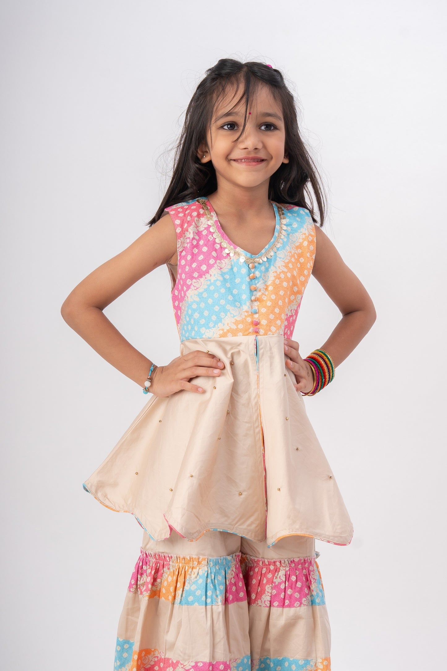 Girls Navrang Pure Cotton Color Block Sharara Set - Ivory