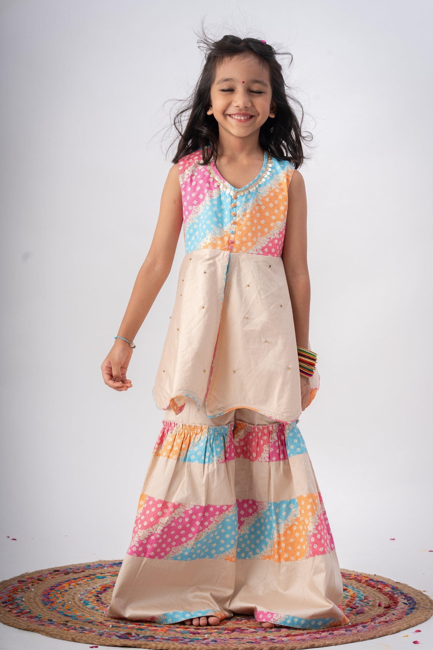 Girls Navrang Pure Cotton Color Block Sharara Set - Ivory