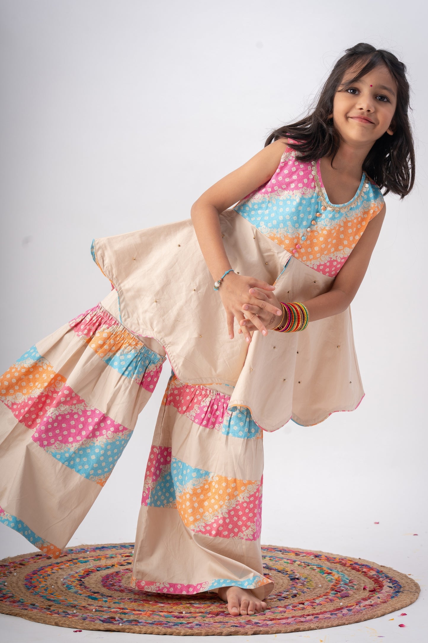 Girls Navrang Pure Cotton Color Block Sharara Set - Ivory