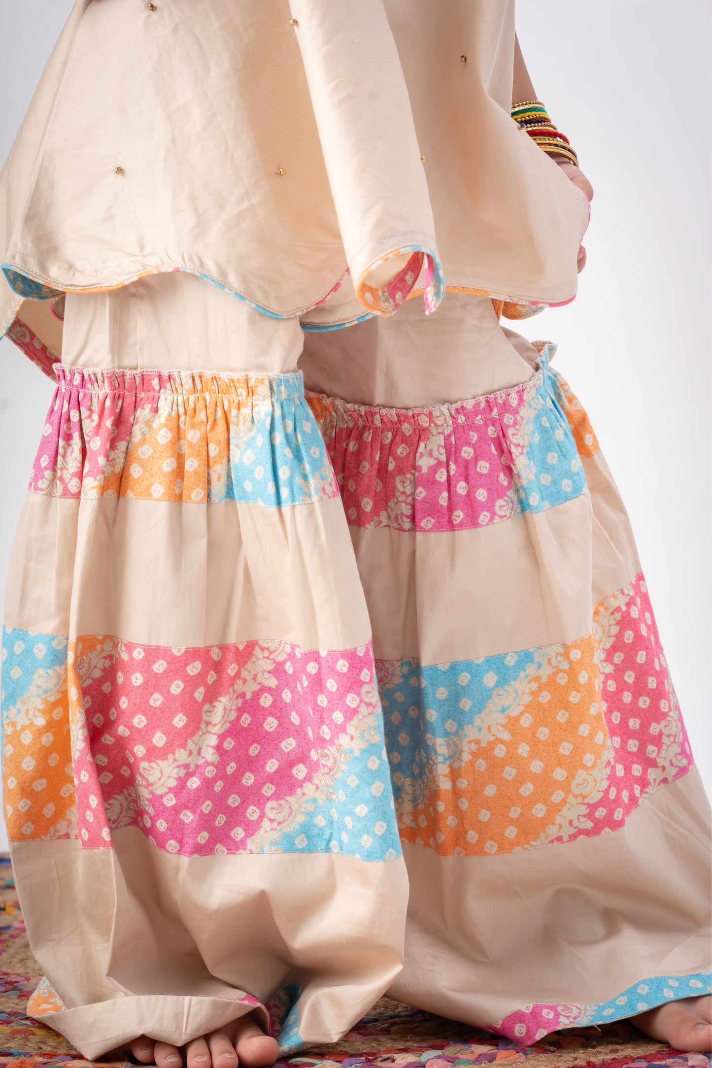 Girls Navrang Pure Cotton Color Block Sharara Set - Ivory