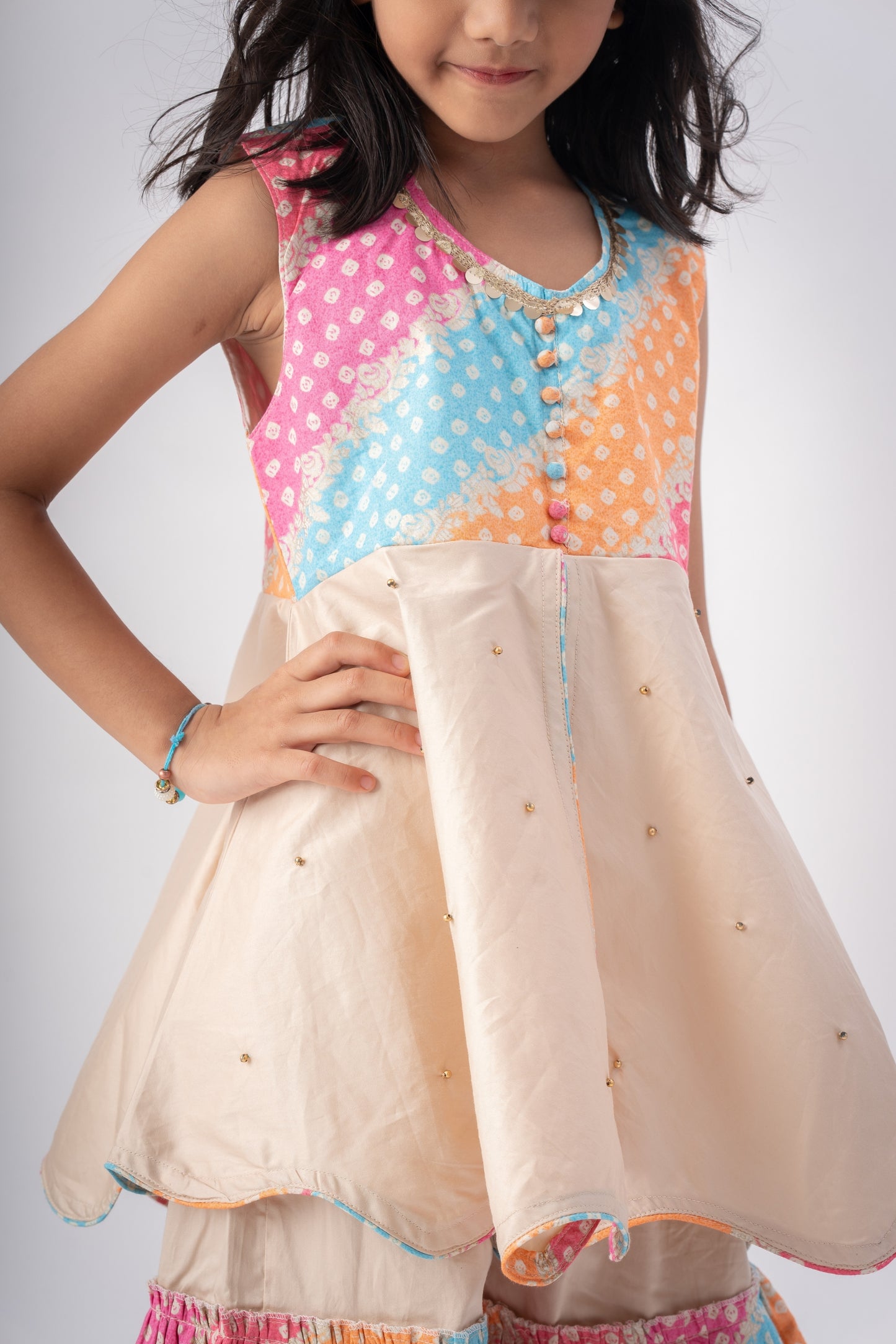 Girls Navrang Pure Cotton Color Block Sharara Set - Ivory