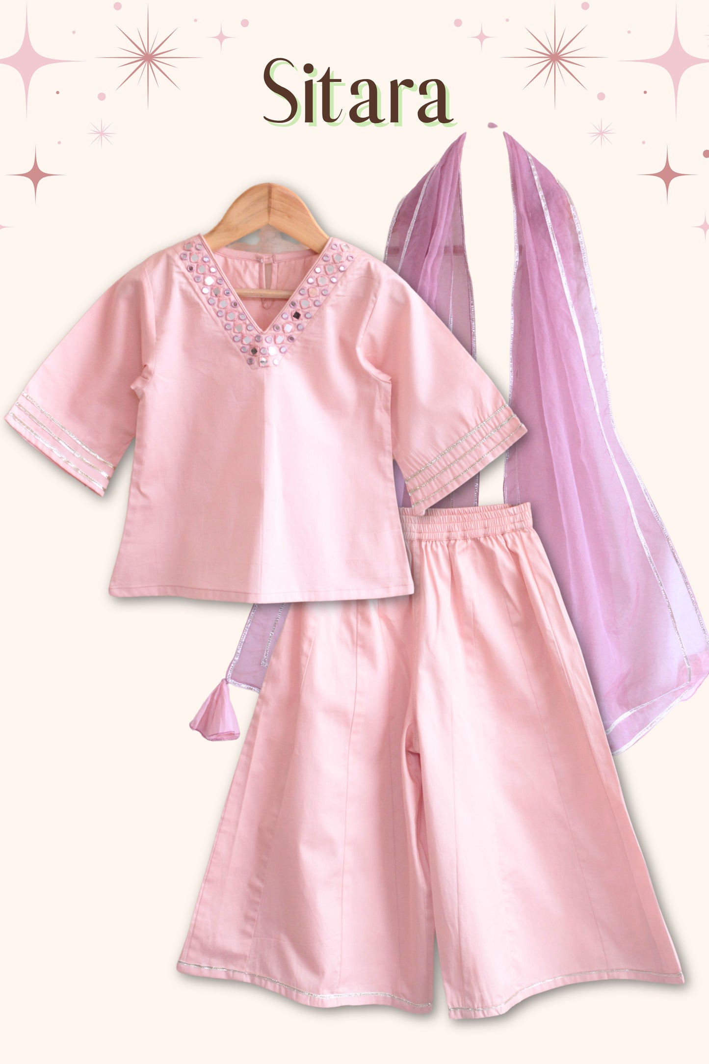 Girls Sitara Kurti and Kalidar Sharara set with Dupatta - Dust Pink