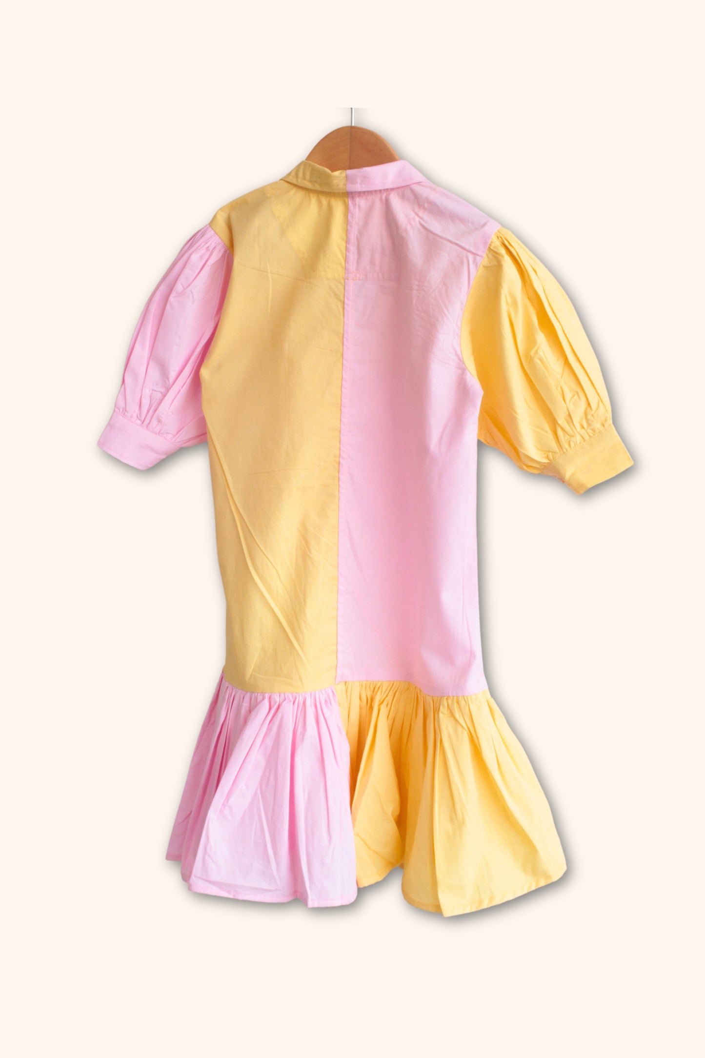Girls Cassata Pure Cotton Asymmetrical Color Block Dress - Yellow Pink