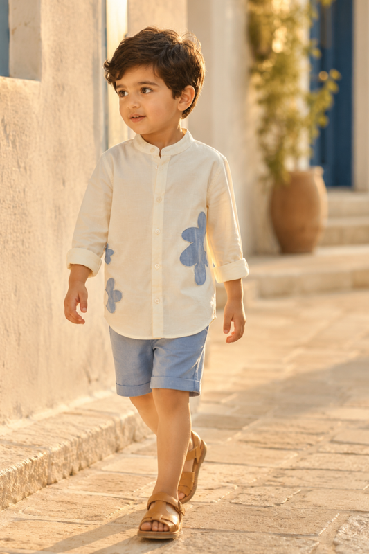 Boys Cloud Applique patchwork linen shirt with shorts - Yellow Blue
