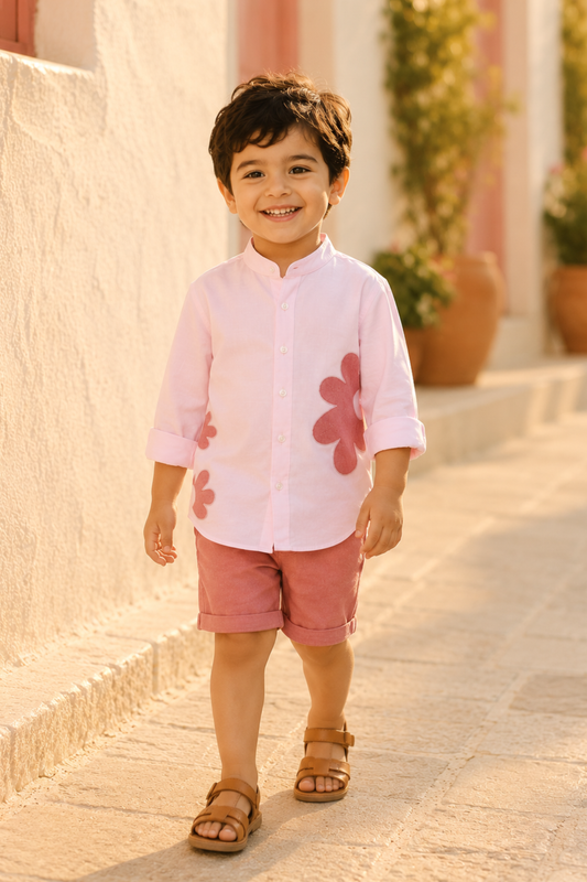 Boys Cloud Applique patchwork linen shirt with shorts - Pink
