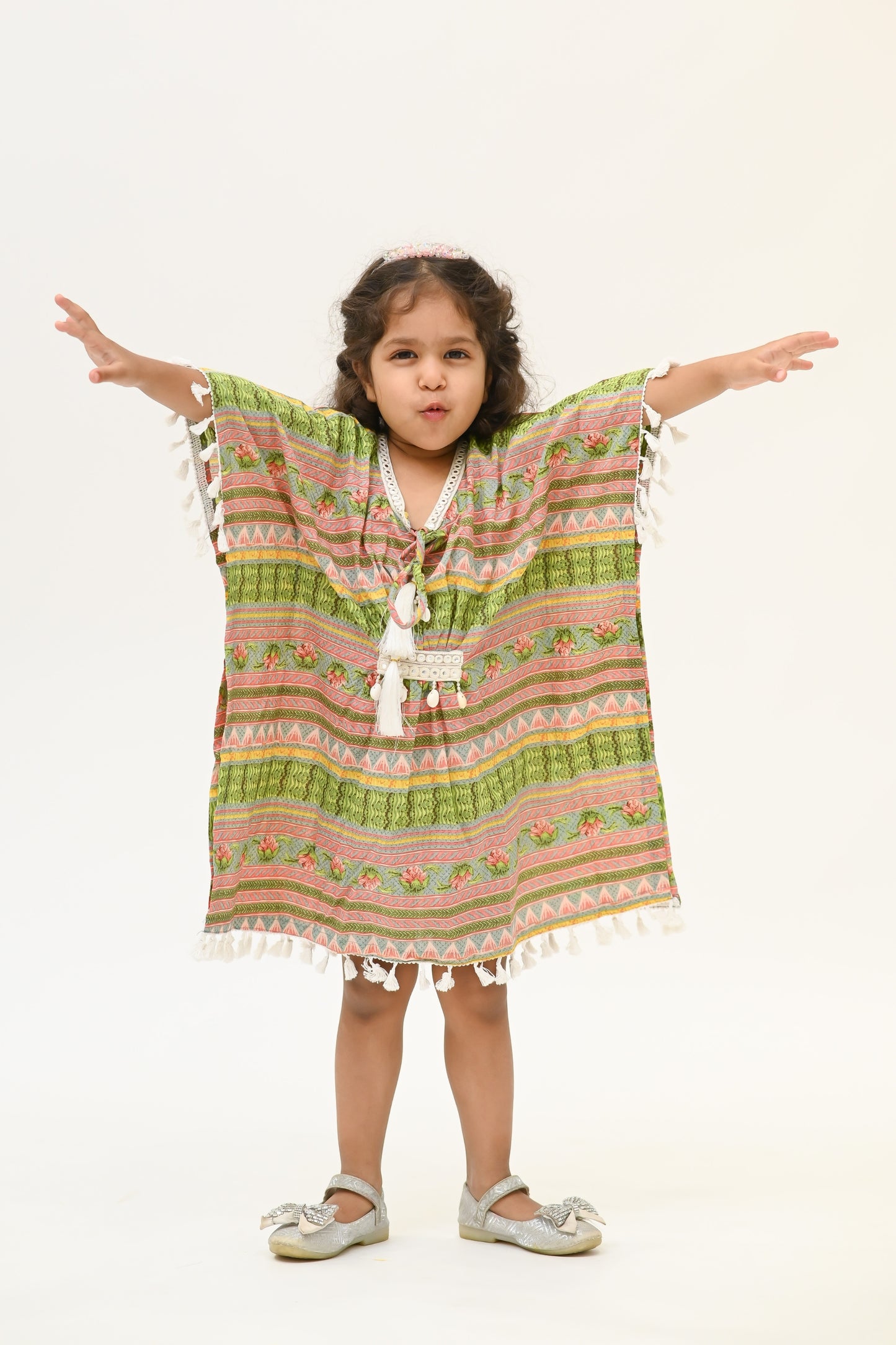 Girls Rangrez Pure Cotton Kaftaan - Green/Yellow