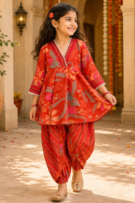 Girls Sakhi top and dhoti pants ethnic clothing set - Red