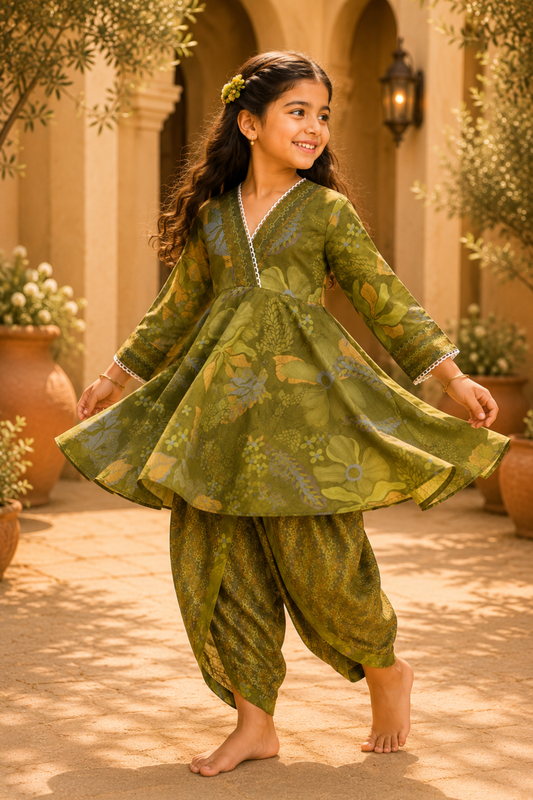 Girls Sakhi top and dhoti pants ethnic clothing set - Green