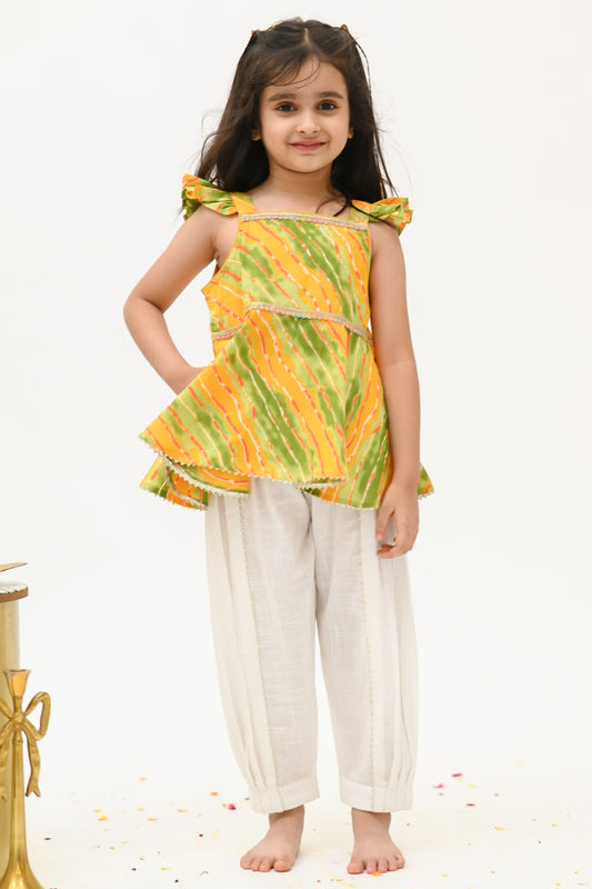 Girls Saavan 2.0 Pure Cotton Kurti Salwar & Dupatta Ethnic Clothing set - Green Leheriya