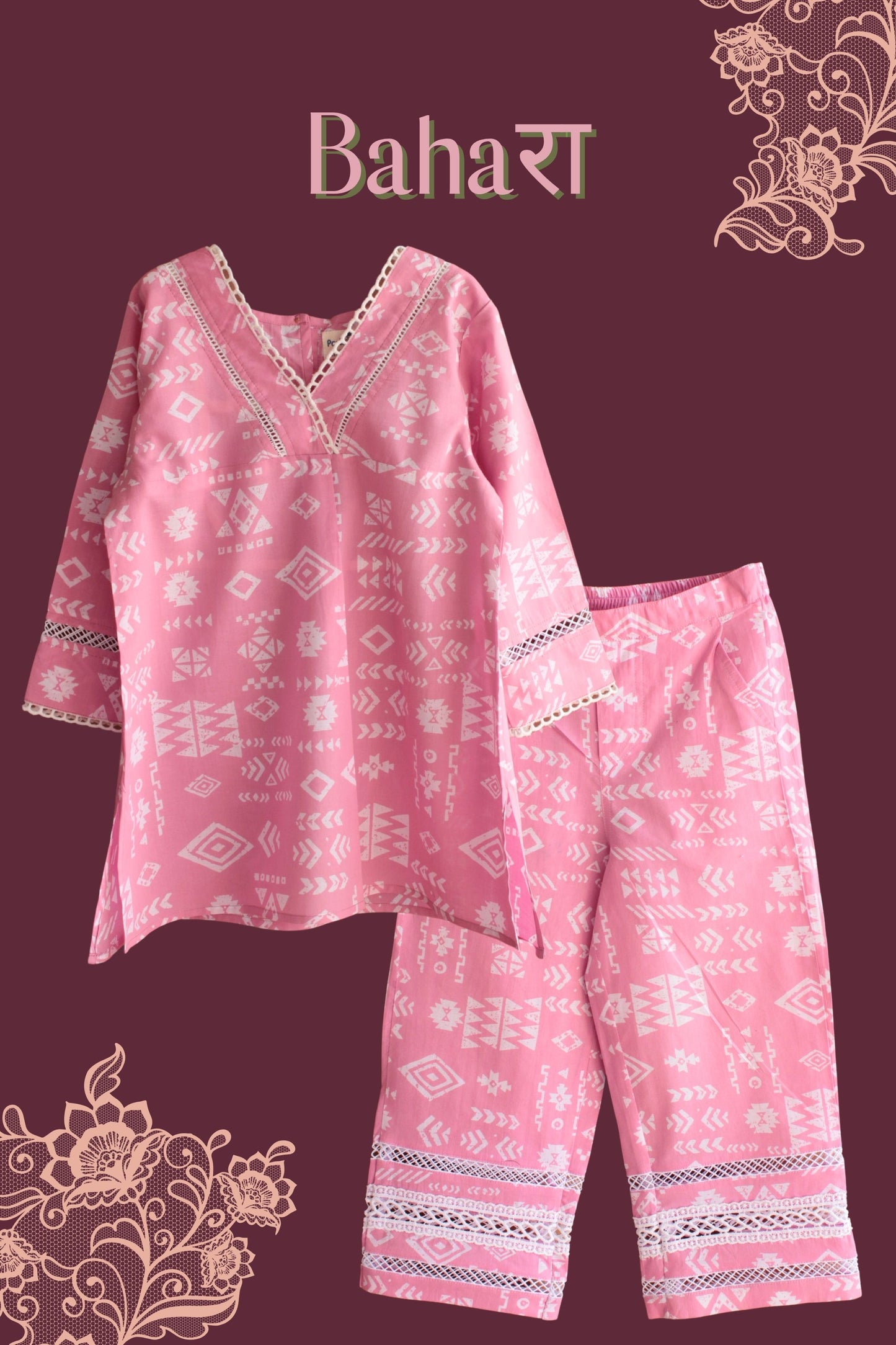 Girls Bahara Pure Cotton Clothing Set - Pink / Green