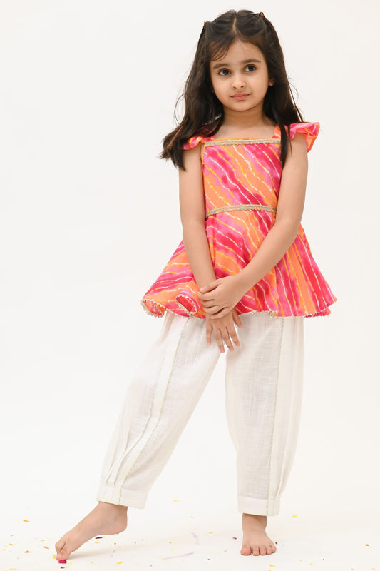 Girls Saavan 2.0 Pure Cotton Kurti Salwar & Dupatta Ethnic Clothing set - Pink Leheriya