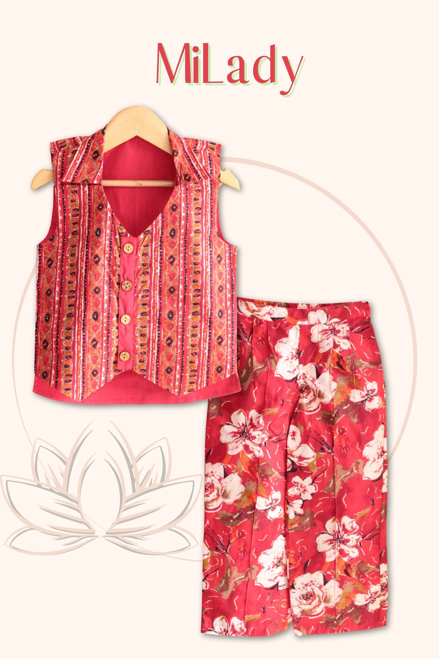 Girls MiLady Reversible Waist Coat and Pleated Pants set - Red / Black