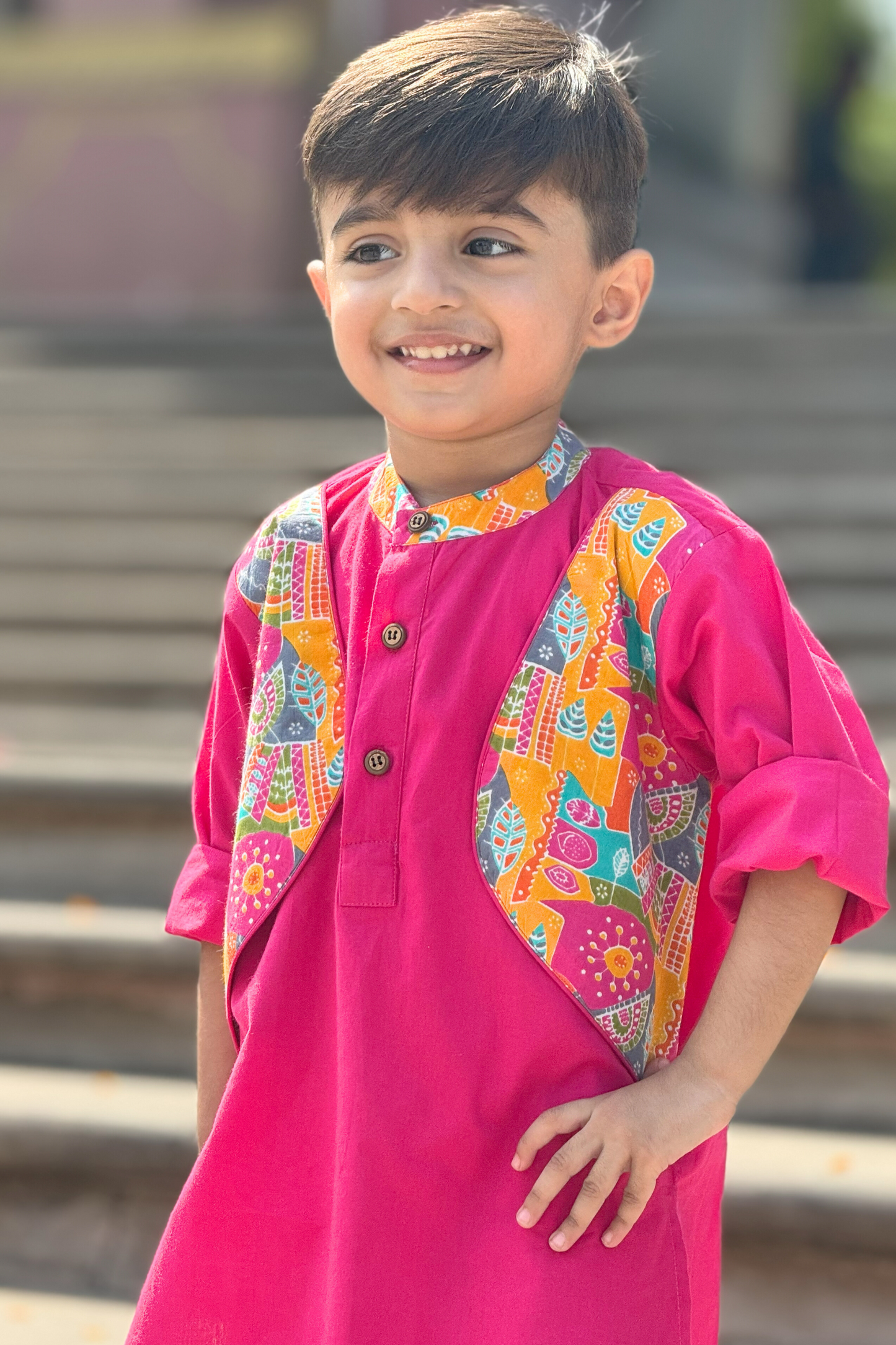 Boys Dholna Kurta Pant & Jacket 3 piece ethnic clothing set - Pink