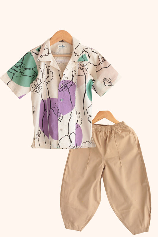 Boys Island Printed Shirt with loose fit pants - Lavendar Beige