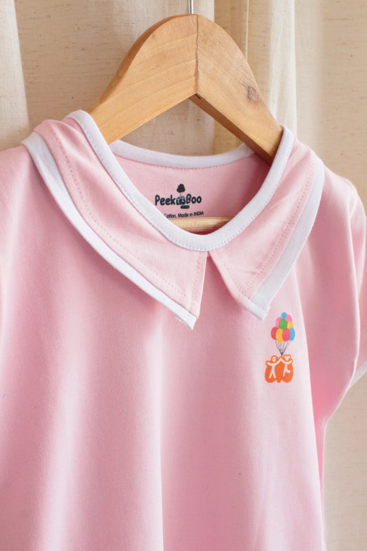 Girls 100% Cotton Knit Pink Dress with Shirt Collar