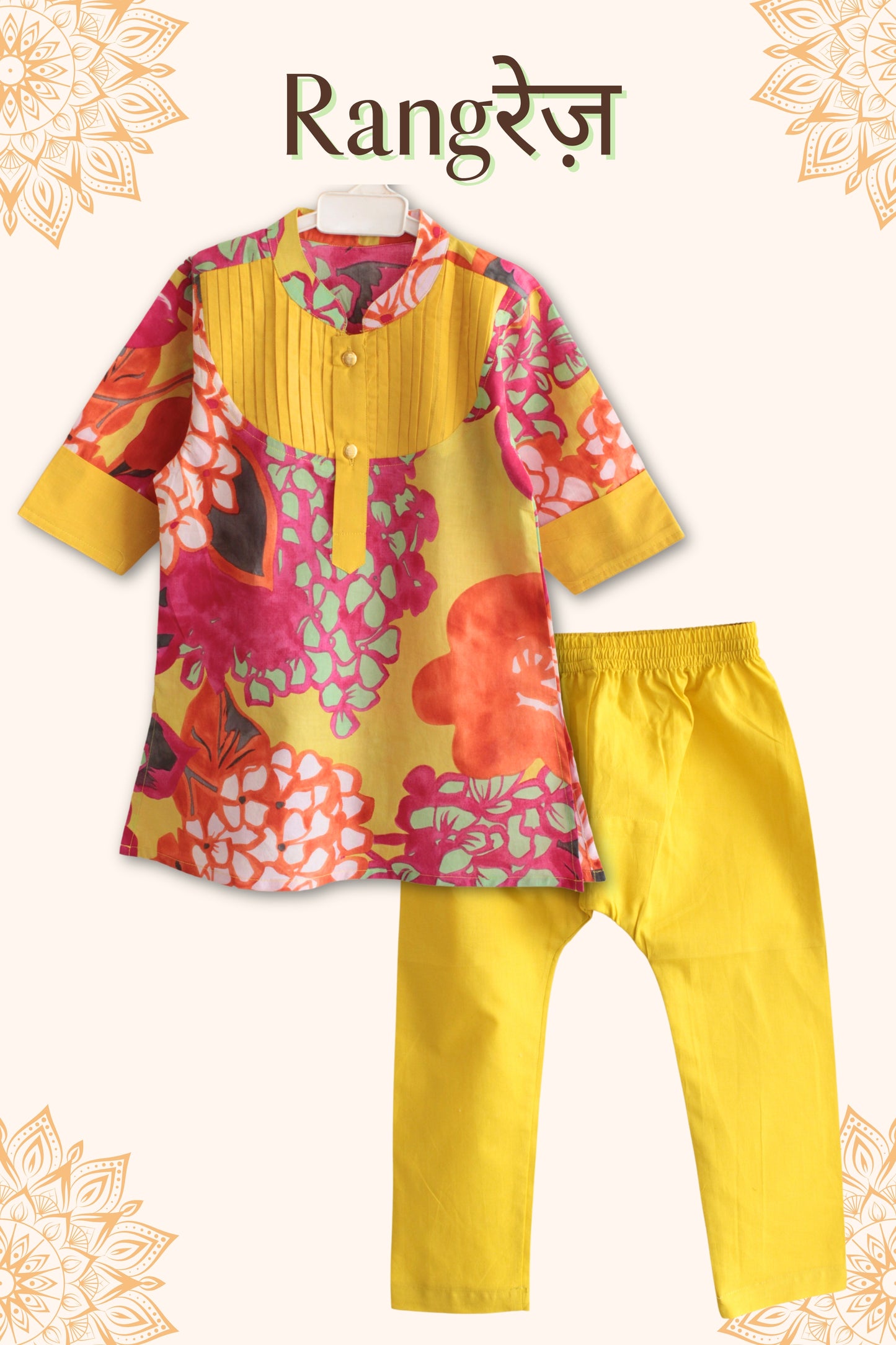 Boys Rangrez Color Block Kurta & Pant set - Green/Yellow