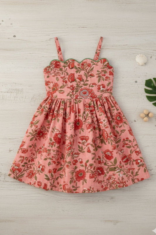 Girls Wave Pure Cotton sleeveless fit & flare dress - Peach