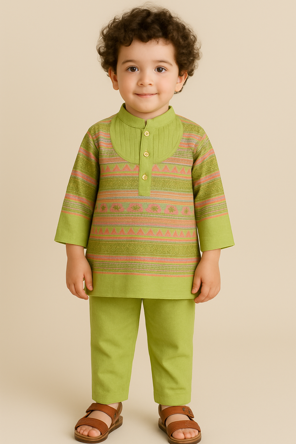 Boys Rangrez Color Block Kurta & Pant set - Green/Yellow
