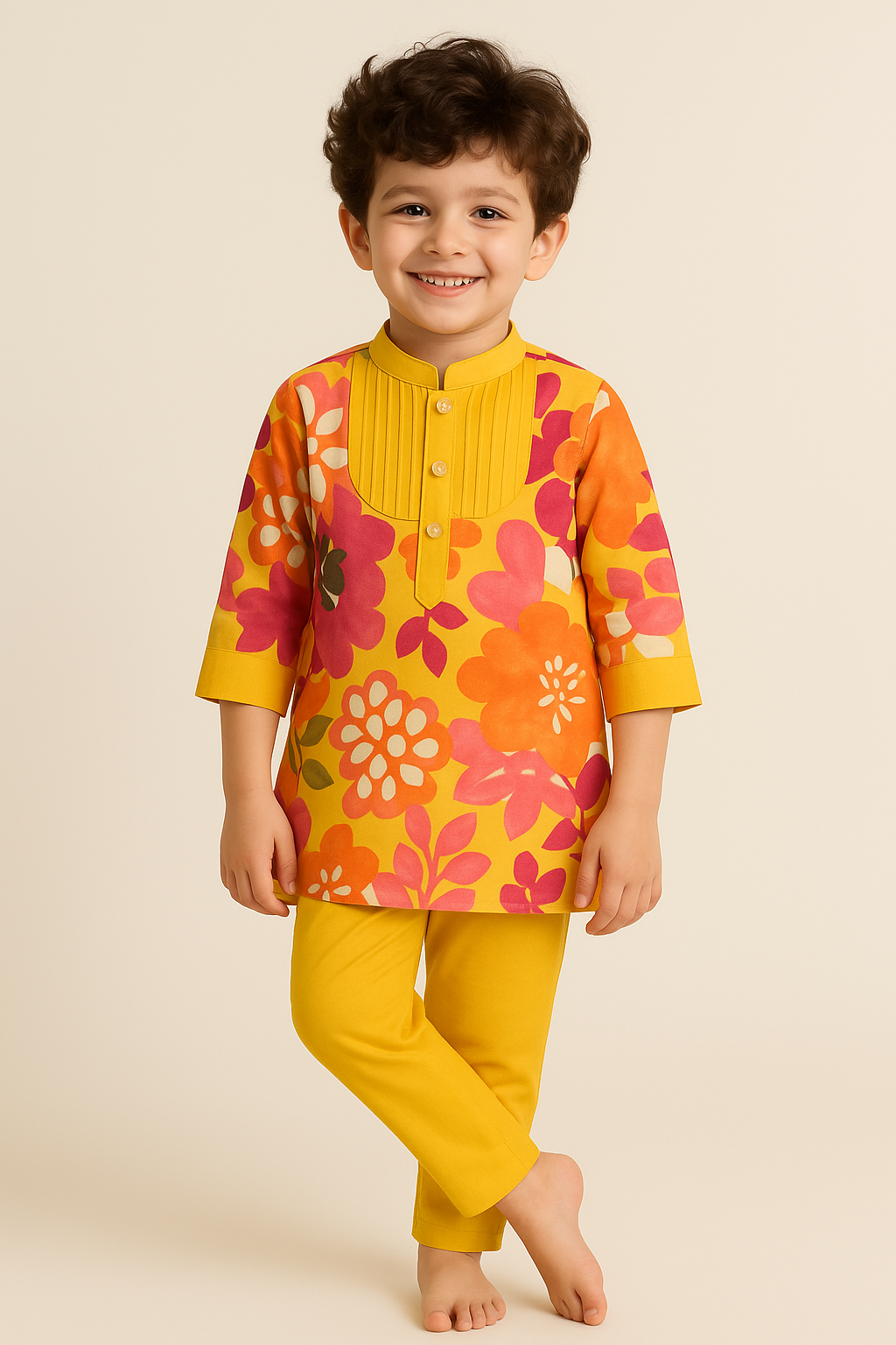 A boy wearing a green color block kurta and pants set with a patterned design.