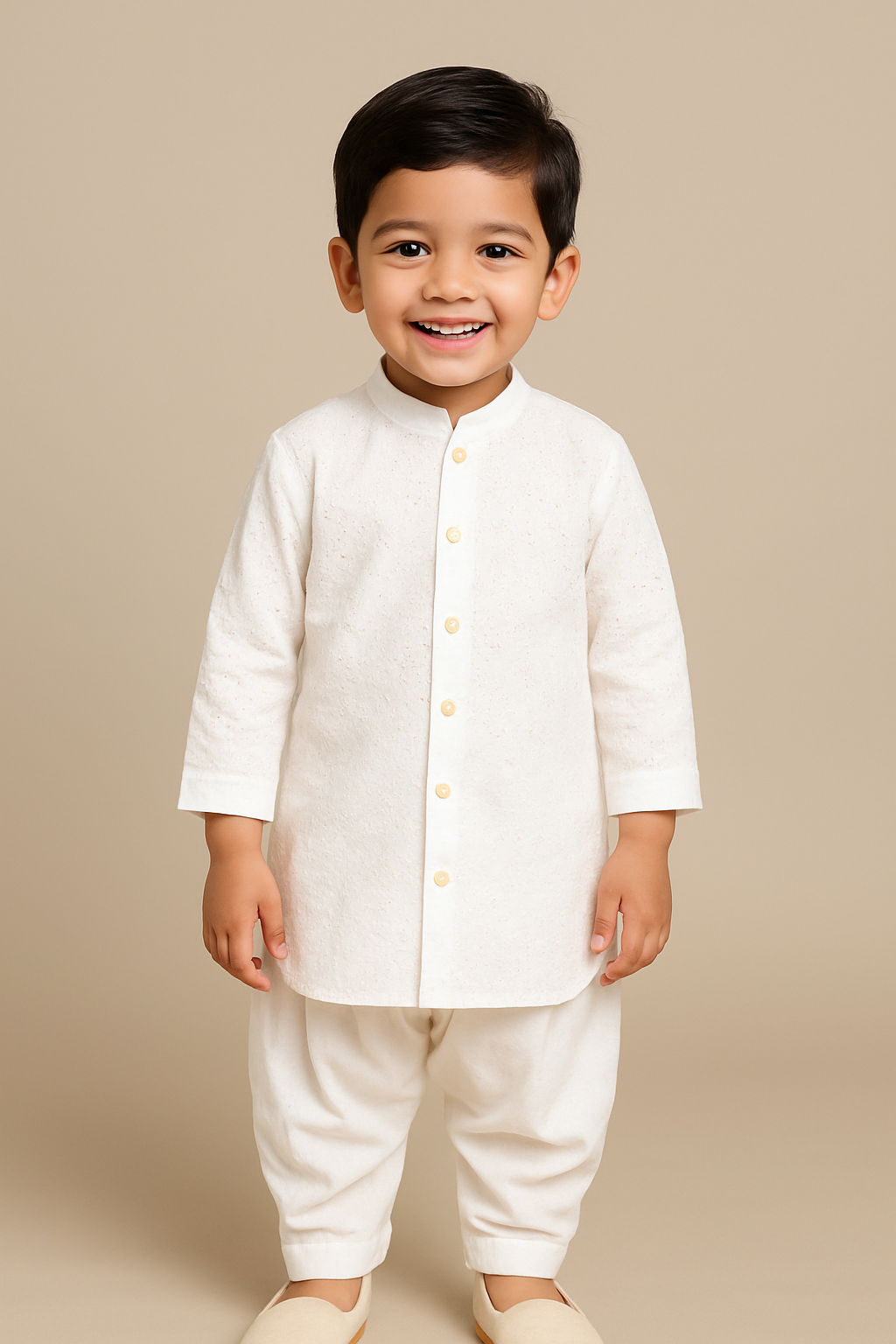 Boys Mubarak Schiffli embroidered Kurta with Salwaar set - Ivory White