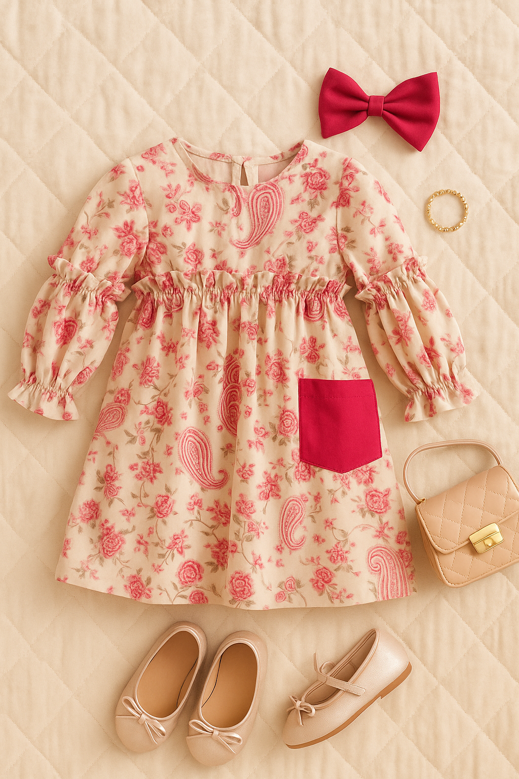 Girls Mulmul Asymmetrical Printed Dress - Off-white Pink