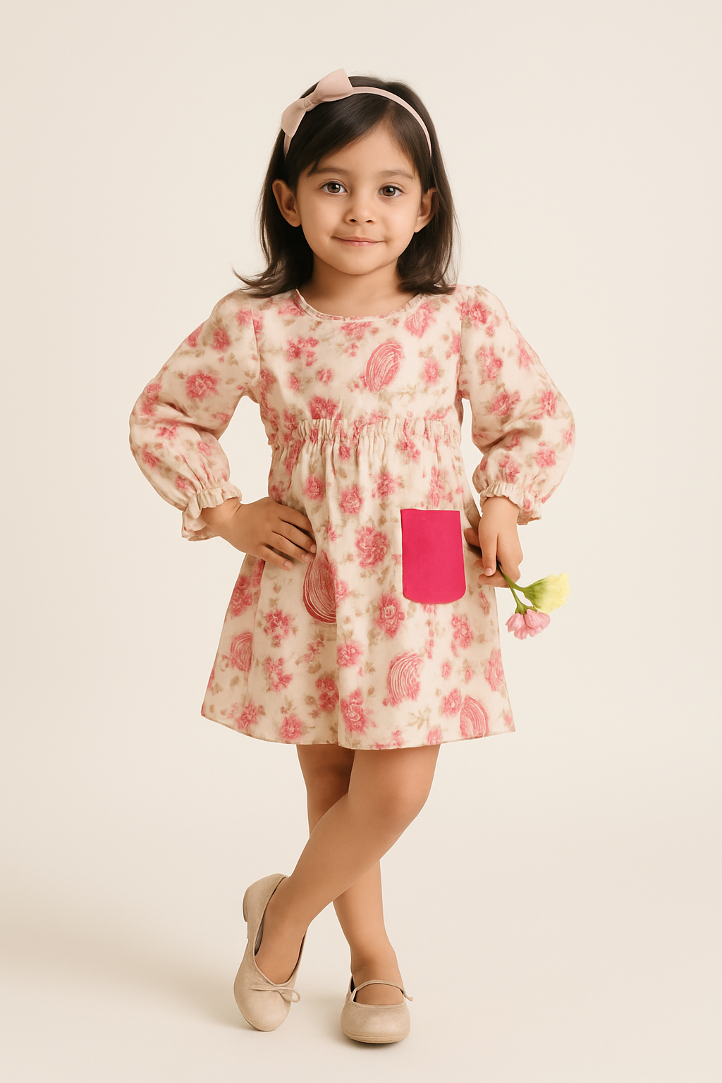 Girls Mulmul Asymmetrical Printed Dress - Off-white Pink