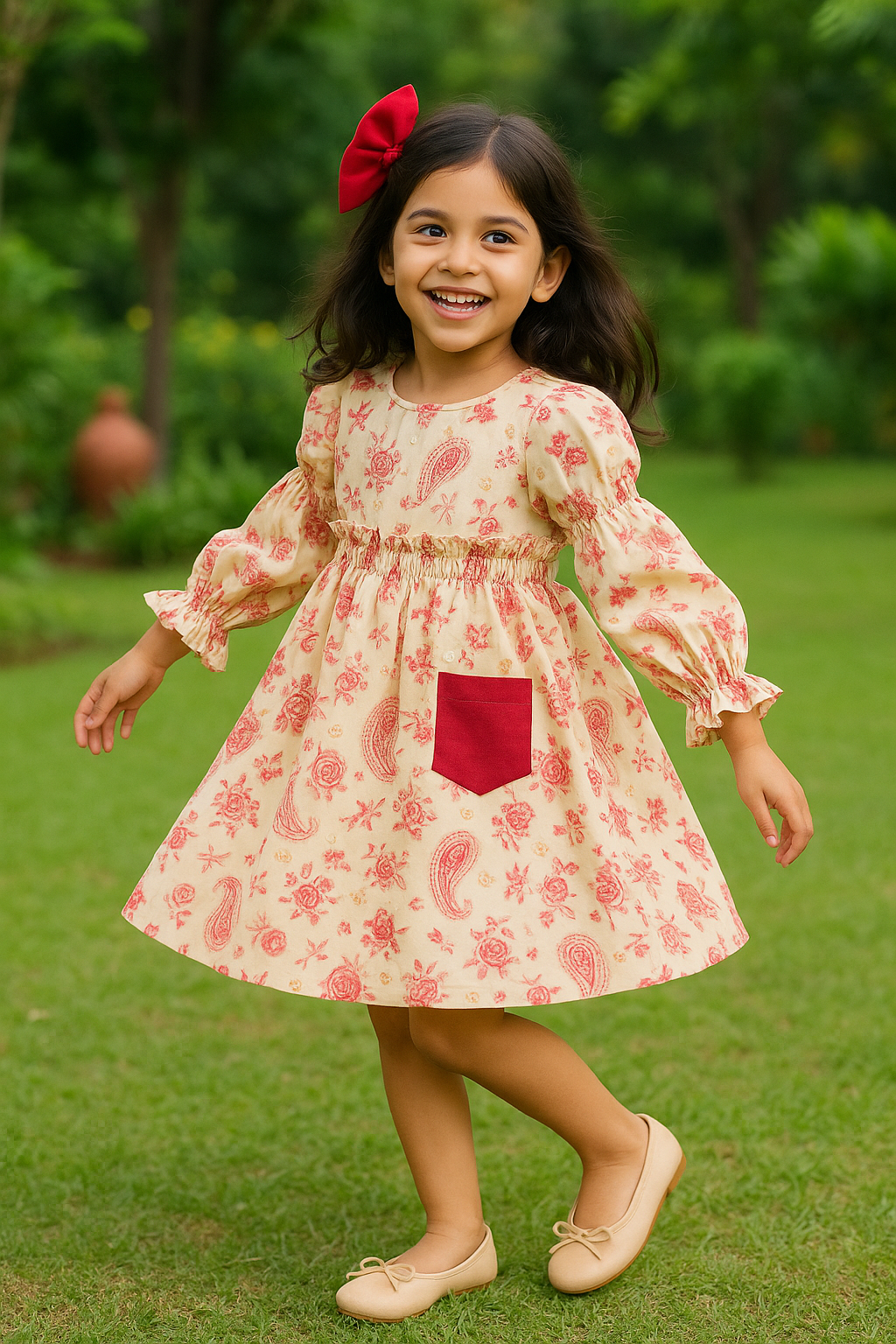 Girls Mulmul Asymmetrical Printed Dress - Off-white Pink